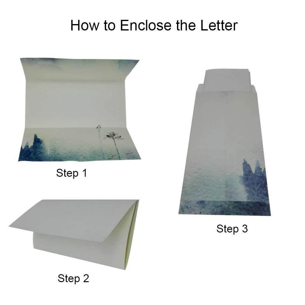 Letter Writing Stationery Paper and Envelopes Set, Ink Painting Design Assorted Color (32 Pcs Stationery Paper + 32 Pcs Envelopes)