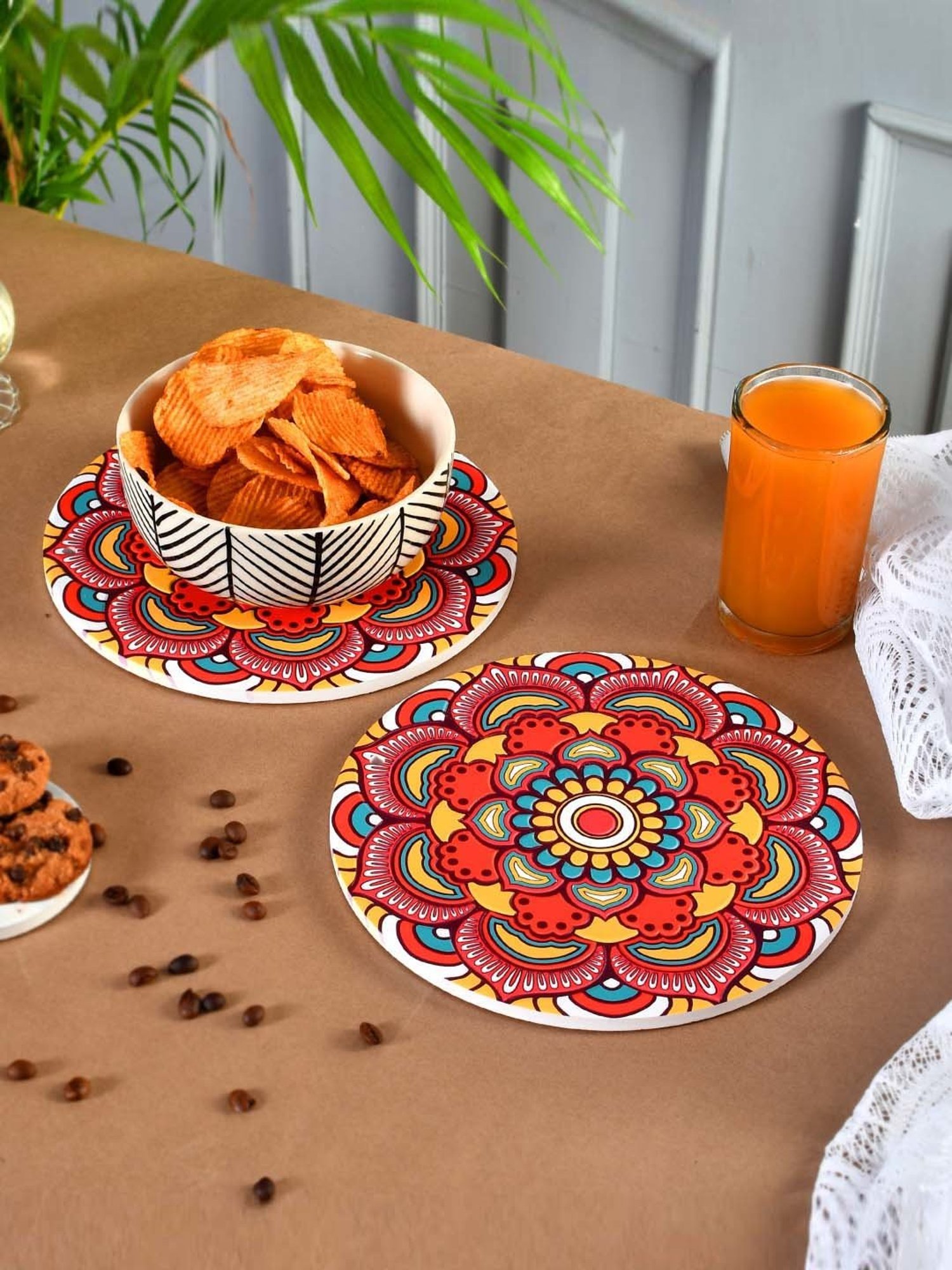 TAYHAA Red & Yellow Ceramic Delightful Mandala Coasters - Set of 2