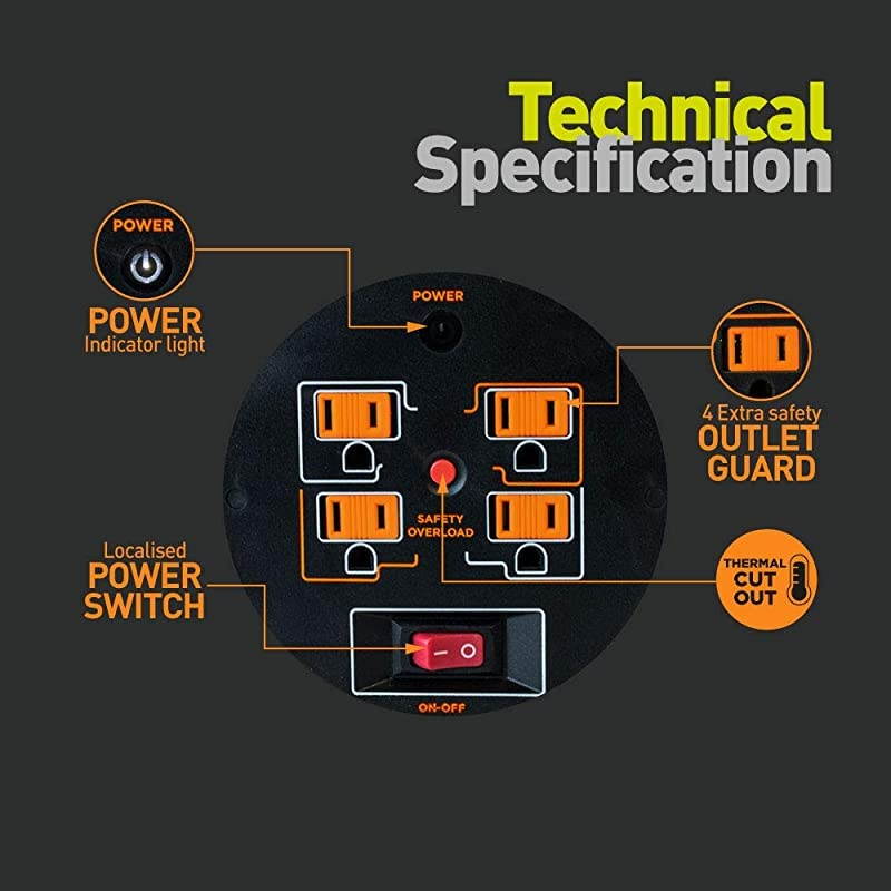 Heavy Duty Metal Cord Reel with 4120V 15amp Integrated Outlets and 12 Gauge High Visibility Cord 1ft Cord Store