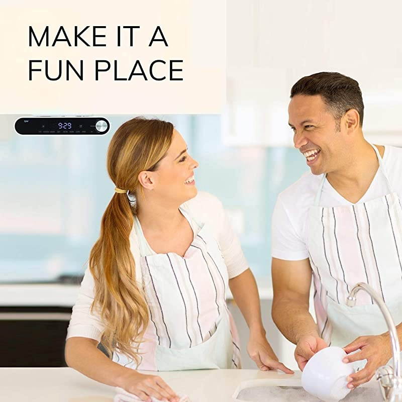 Bluetooth Under The Cabinet Universal Wireless Music System, Kitchen Clock Radio, FM Radio, Digital Clock, Hands Free Speakerphone, LED Work Surface Lighting - White (TKS2-WH)