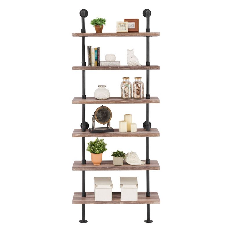 Modern Industrial 6-Tier Iron Pipe wall Mount Ladder Shelf Distressed Wood - Danya B.