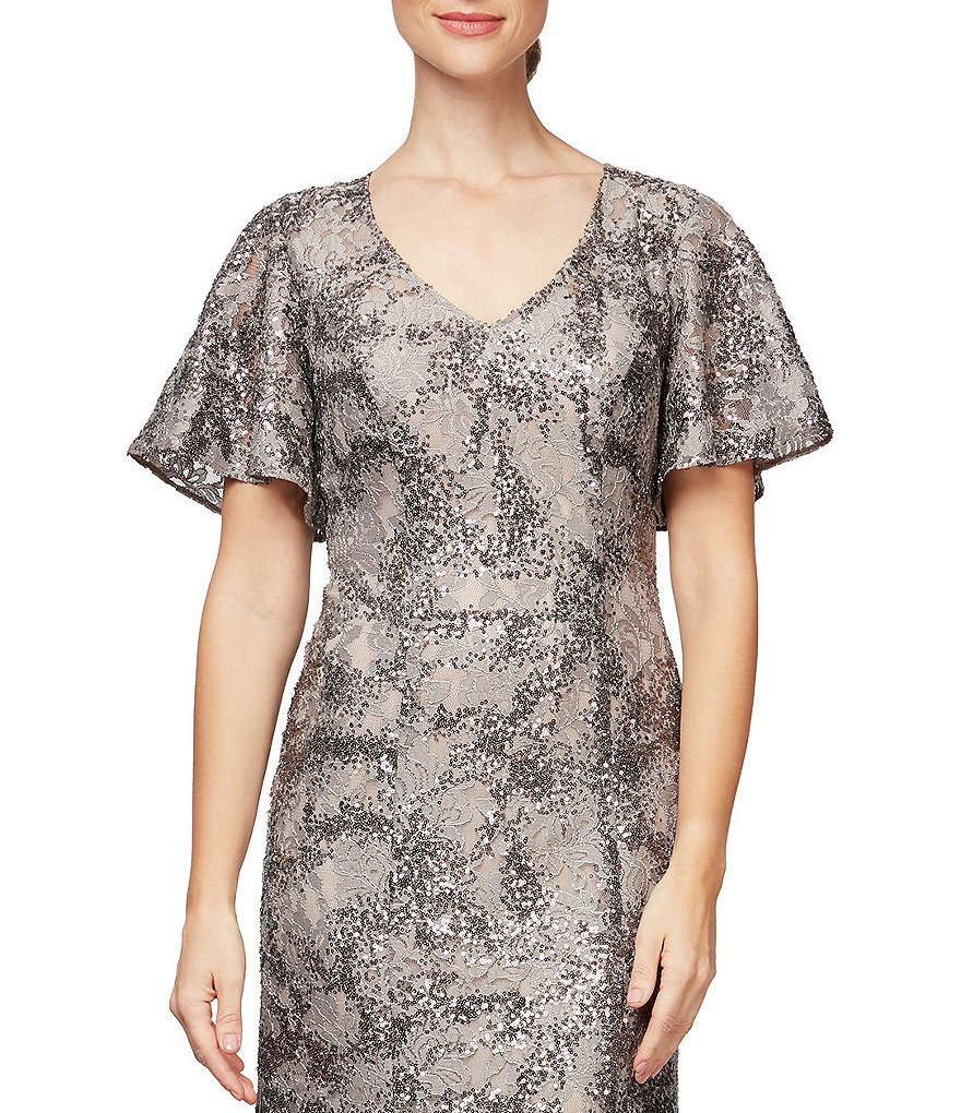 Alex Evenings V-Neck Flutter Sleeve Sequin Lace Gown