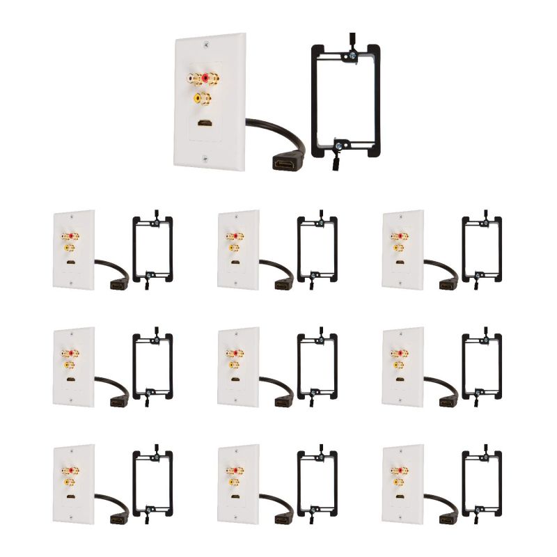 Buyer's Point HDMI Pigtail RCA Wall Plate [UL Listed] with Single Gang Low Voltage Mounting Bracket Device Pack of 10 with White Kit