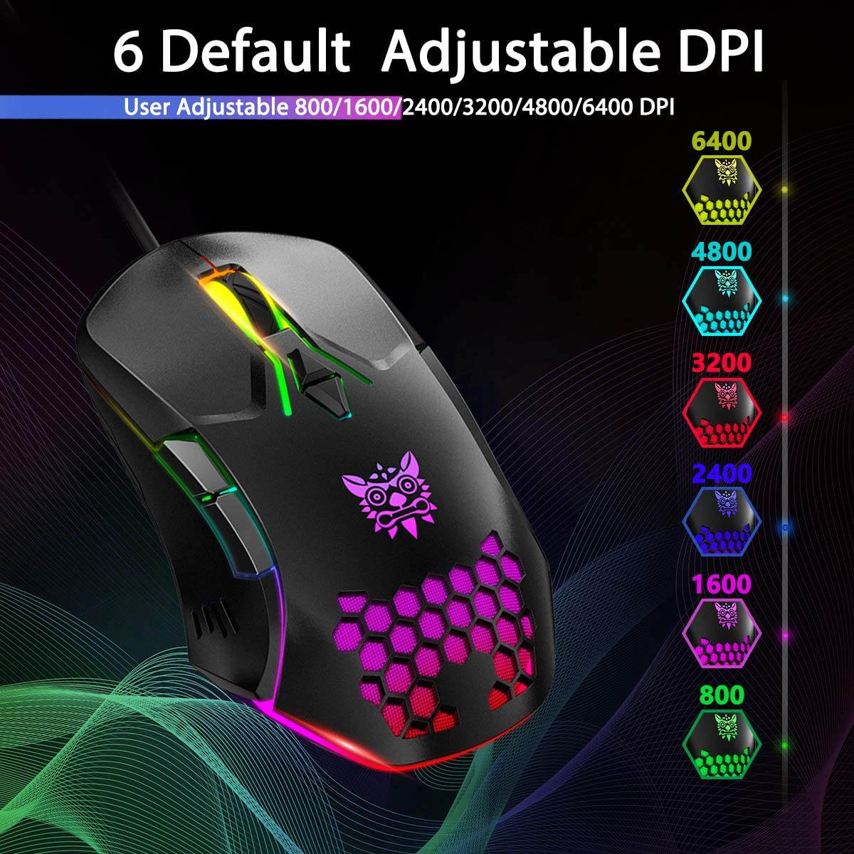 Gaming Mouse RGB Breathing LED Light 6400 DPI 7 Buttons Wired Mice for PC Laptop Computer Gamer - Black