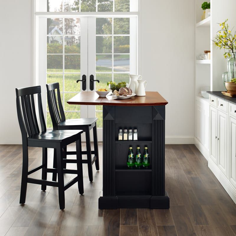 Crosley Drop Leaf Breakfast Bar Top Kitchen Island in Black Finish with 24" Black School House Stools