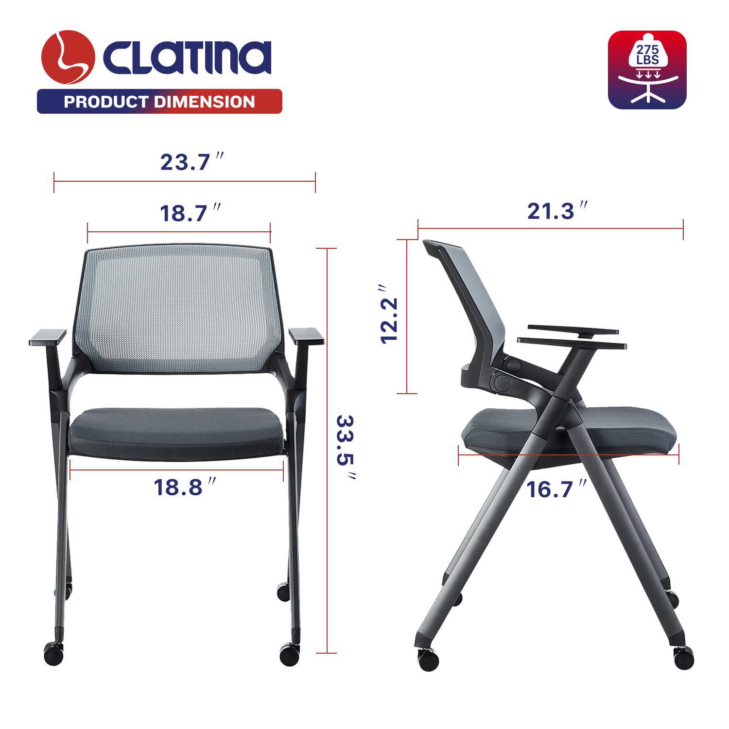CLATINA Mesh Guest Reception Stack Chairs with Caster Wheels and Arms for Office School Church Conference Waiting Room Gray