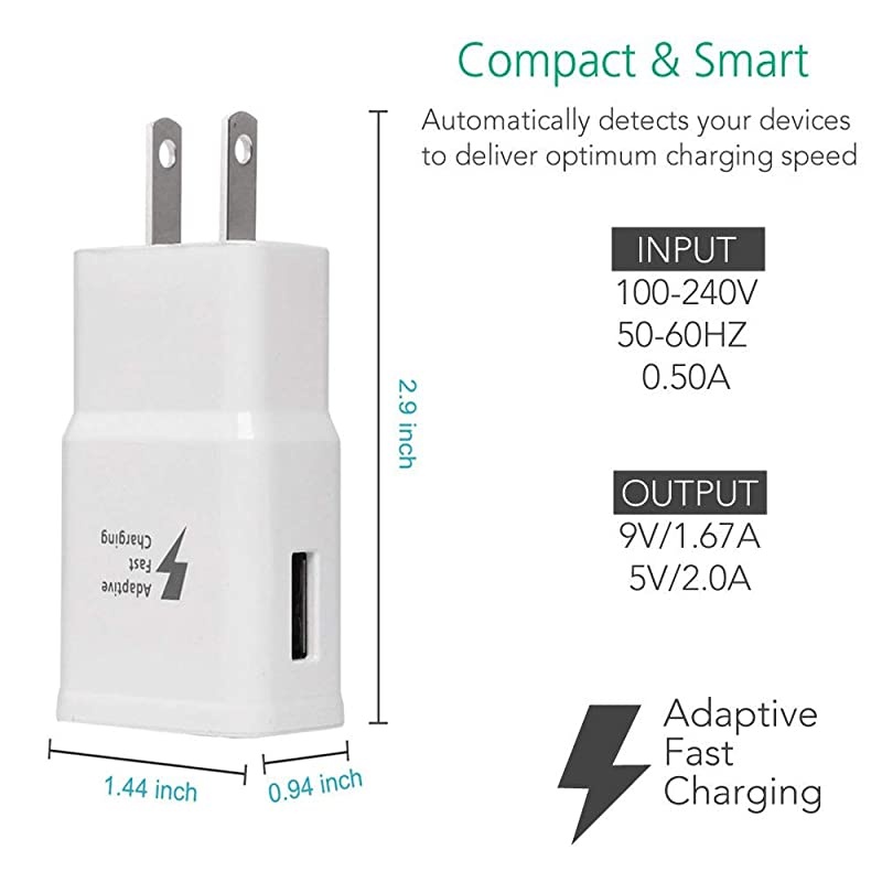 Adaptive Fast Charging Wall Charger Adapter Compatible with Galaxy S6 S7 S8 S9 S10 / Edge/Plus/Active, Note 5,Note 8, Note 9 and More (2 Pack) Quick Charge (White)