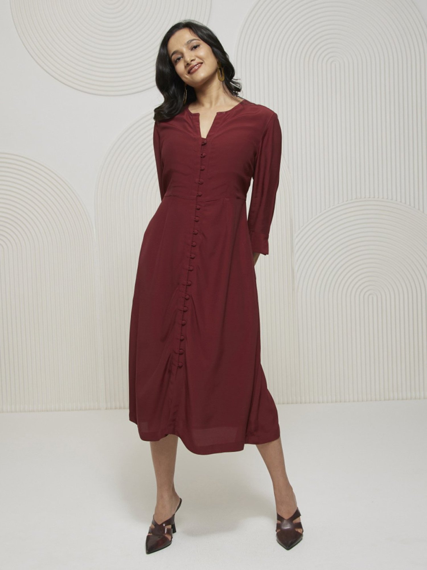 Artagai Tawny Port Elevated Basics Fit and Flare with Front Buttons Dress