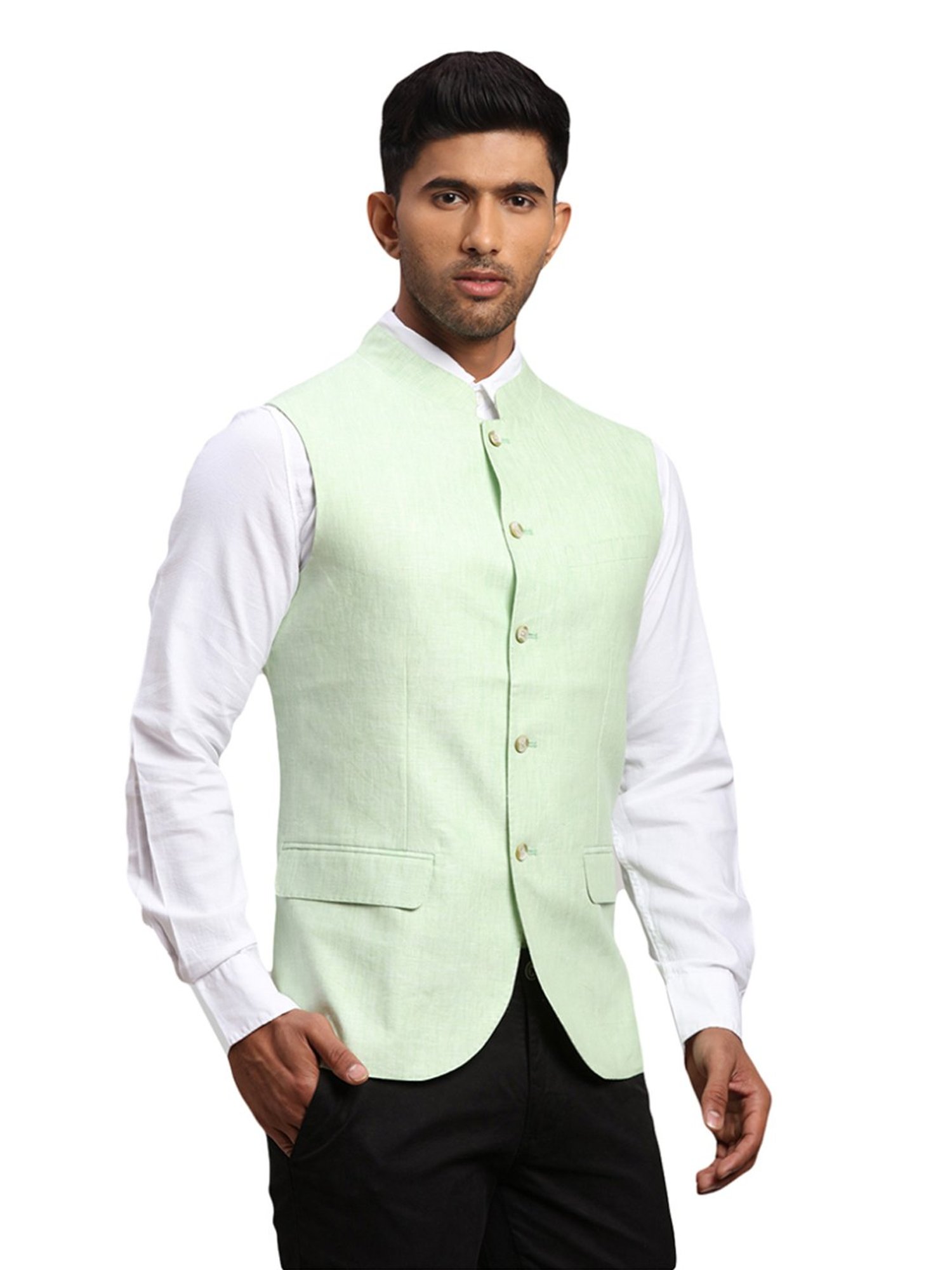 Parx Green Linen Regular Fit Nehru Jacket