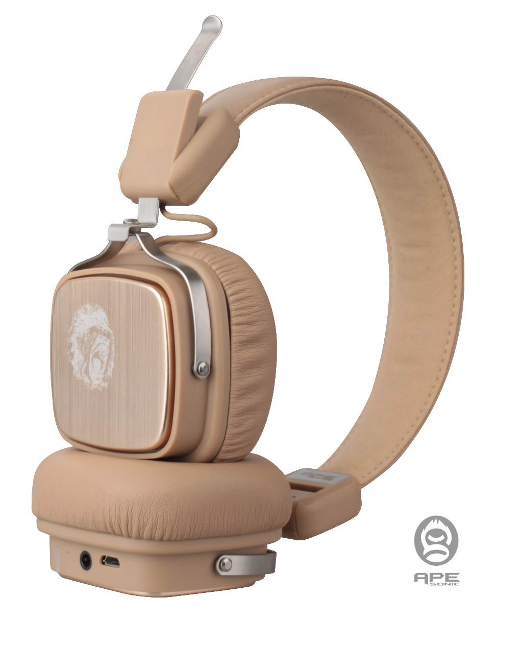 ApeSonic Roar : Bluetooth 5.0 Wireless Headphones, Foldable headset, Premium & High resolution, On ear design, Hearing protection tuning, Light weight & Comfortable, with travel bag - Light Gold