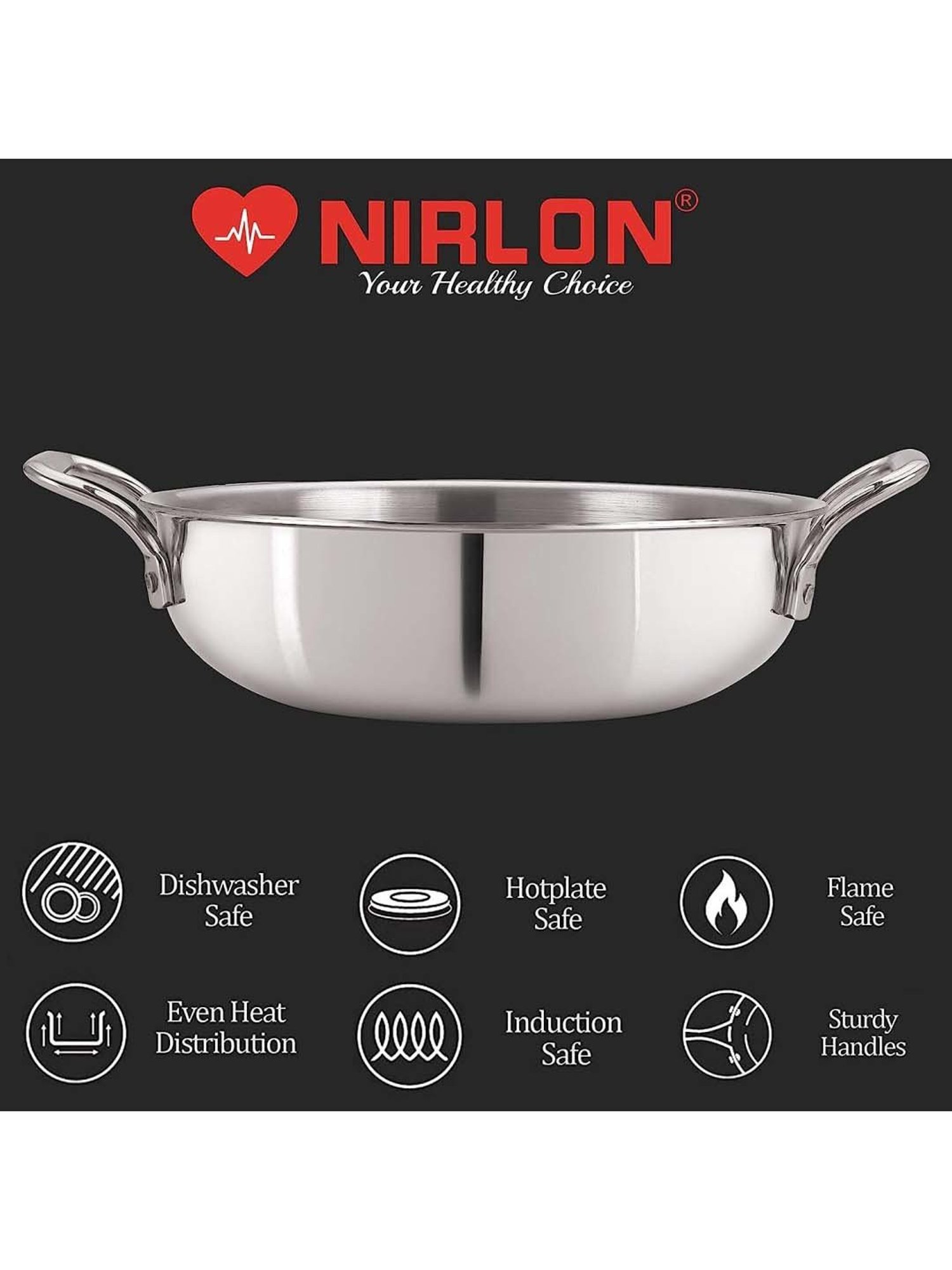 Nirlon Silver Stainless Steel 22 cm Induction & Gas Tri-Ply Kadhai With Glass Lid (2.5 L)