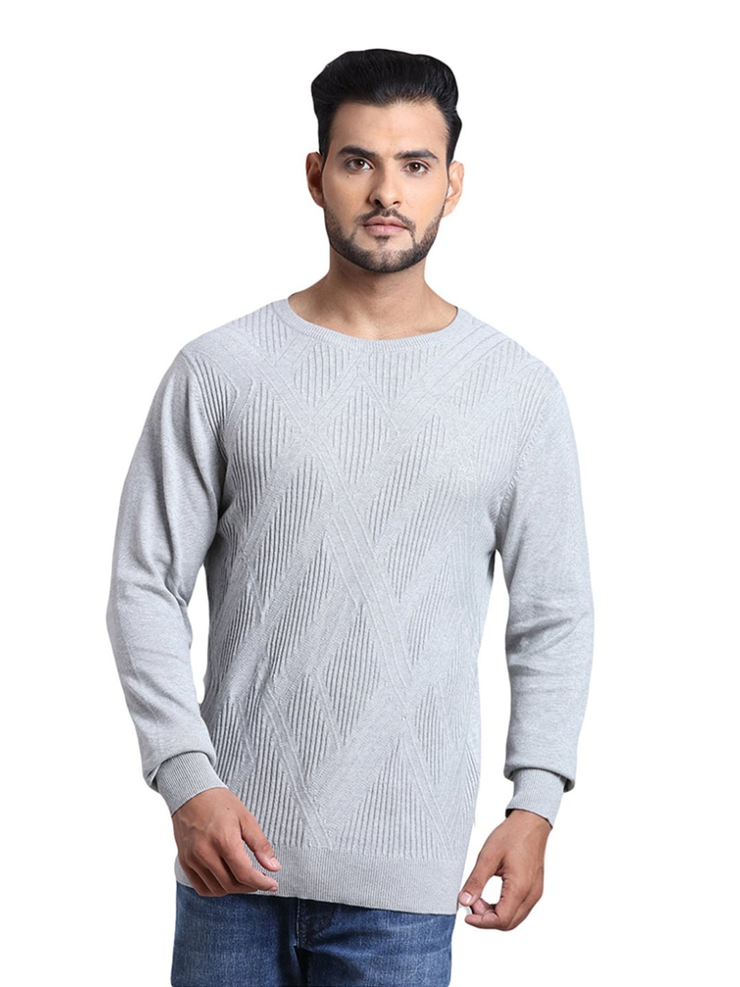 ColorPlus Grey Cotton Tailored Fit Self Pattern Sweater