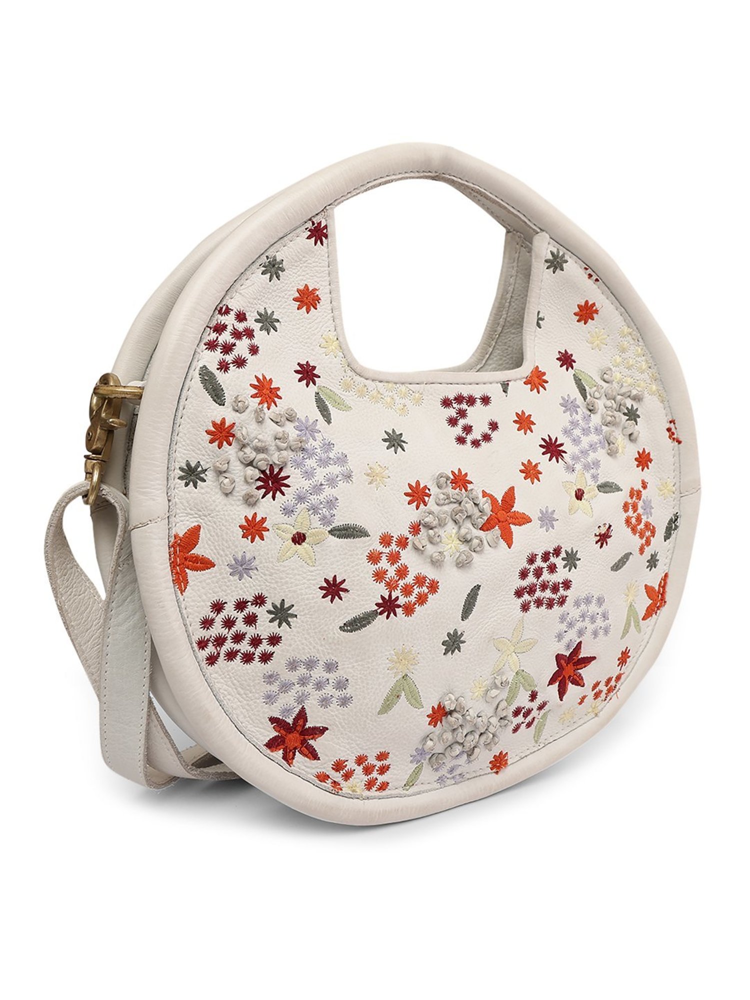 Art N Vintage Floral Bliss White Leather Embroidered Large Handbag