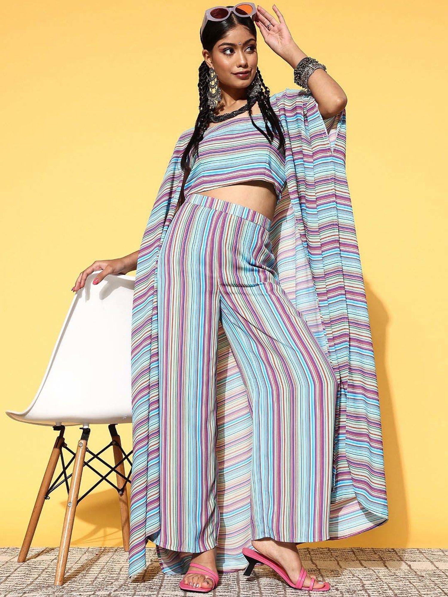 Libas Multi Striped Georgette Co-Ords With Shrug