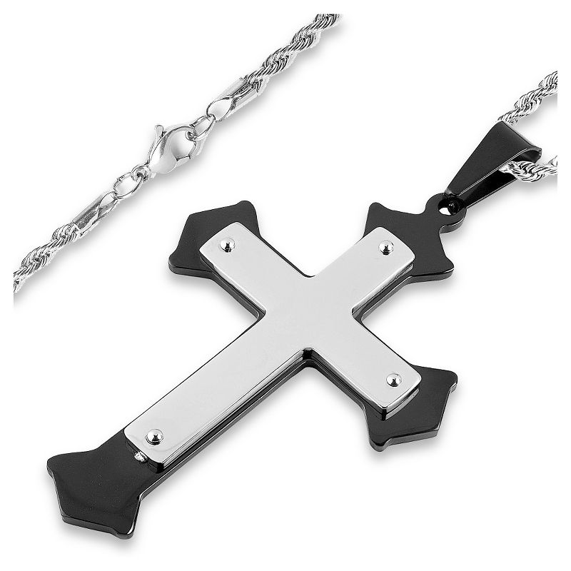 Men's West Coast Jewelry Blackplated Stainless Steel Flared Layer Cross Pendant