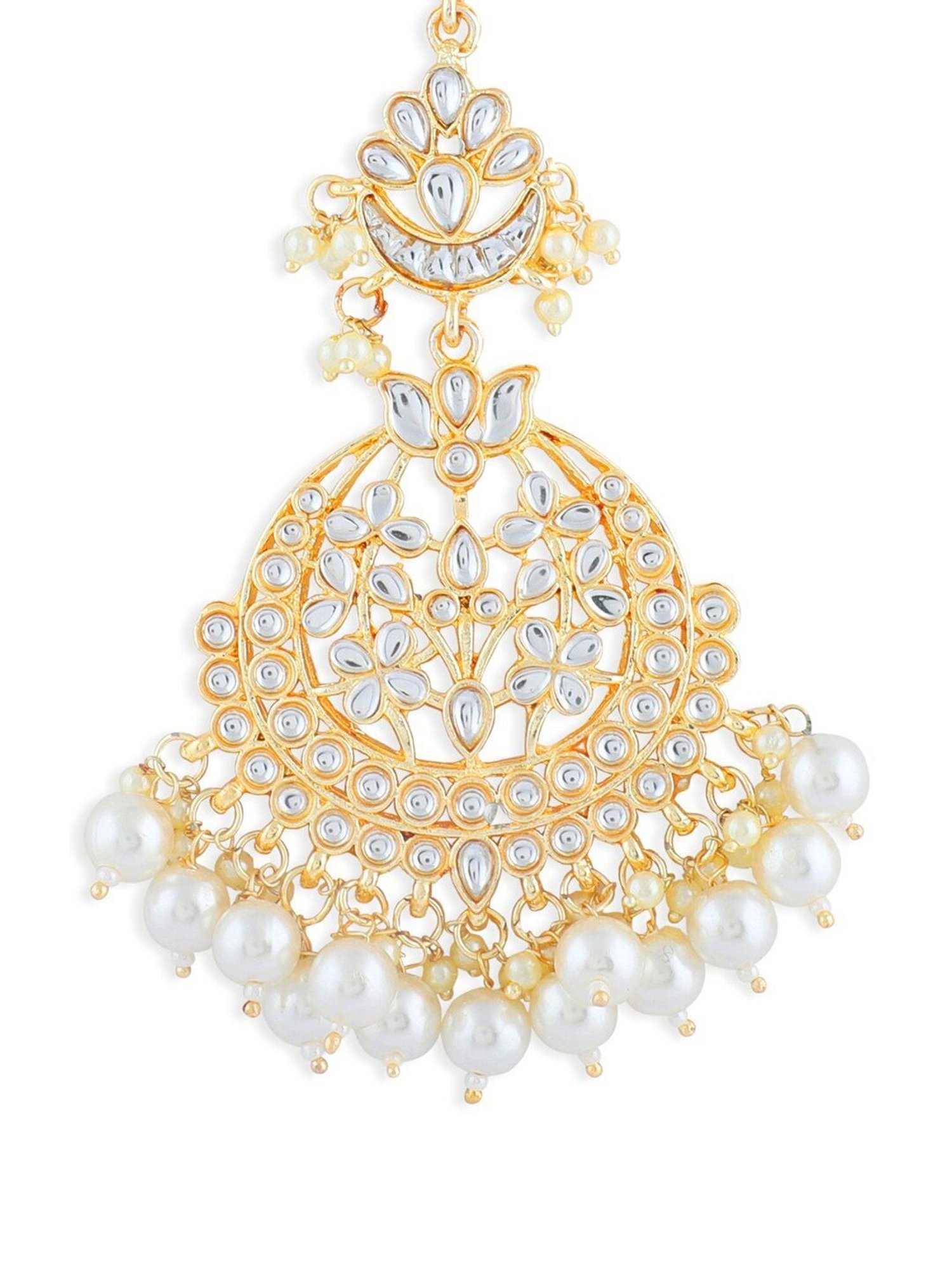 Oomph Gold Tone Kundan & Pearls Lotus Design Large Wedding Maang Tikka