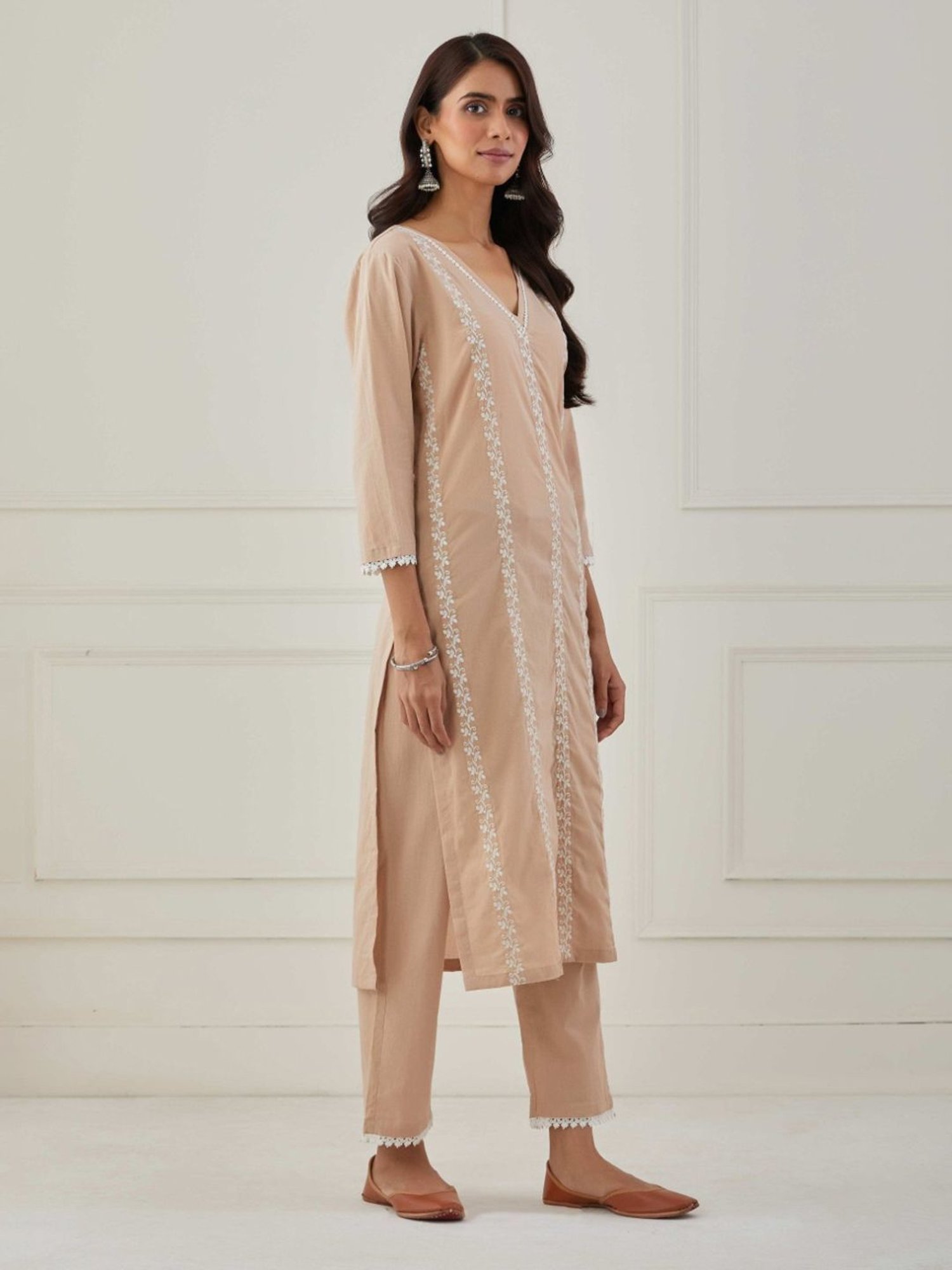 Priya Chaudhary Beige Sudha Embroidered Cotton Kurta with Pants and Kota Cotton Dupatta