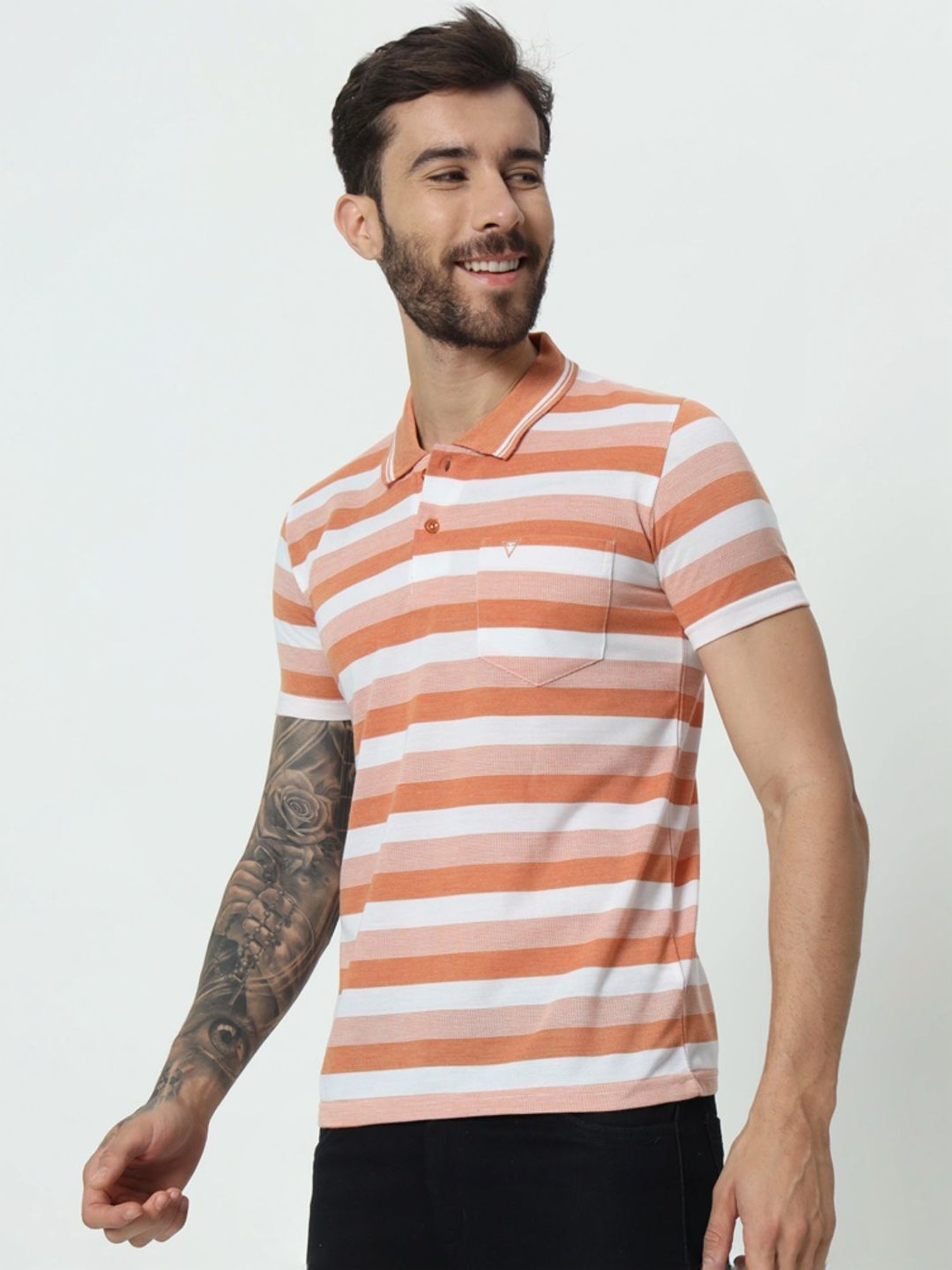 Tab91 Orange Regular Fit Striped Polo T-Shirts