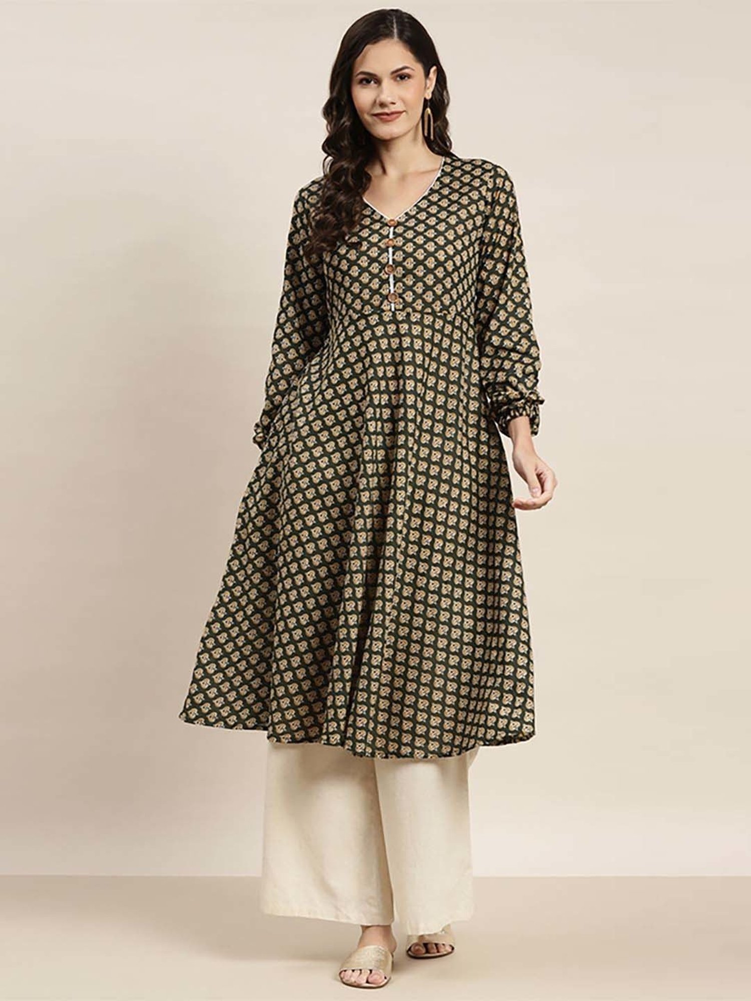 Jompers Green Cotton Printed A Line Kurta