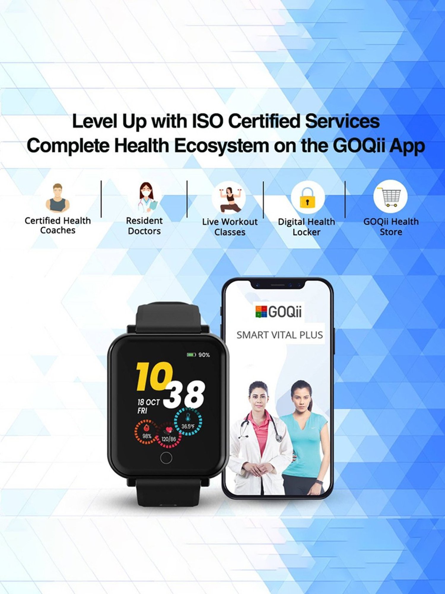 GOQii Smart Vital Plus 1.57 inch HD Full Touch, SpO2 with 3 Month Health Coach Smartwatch (Black)