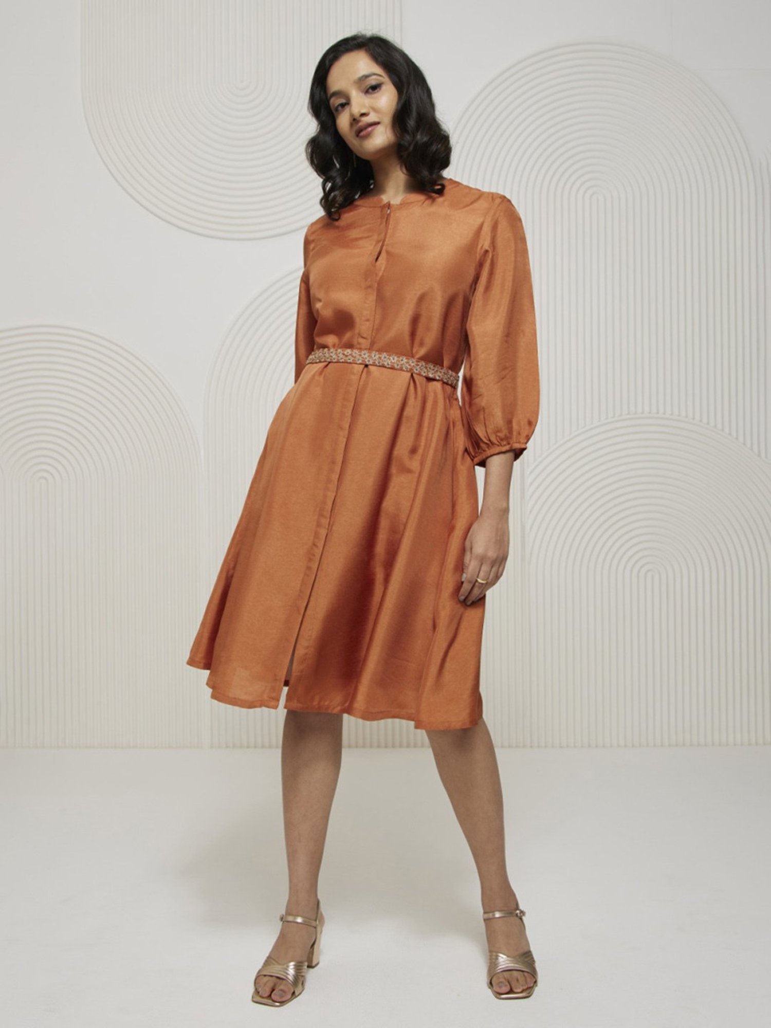 Artagai Gold Flame Romancing Aari 3/4th Sleeve Dress With Bishop Sleeve And Belt