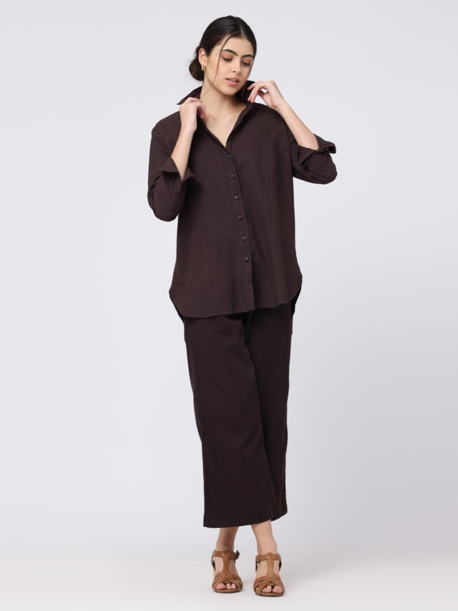 Saltpetre Elegant LInen Coffee Brown Shirt with Wide leg Trousers Co-ord Set