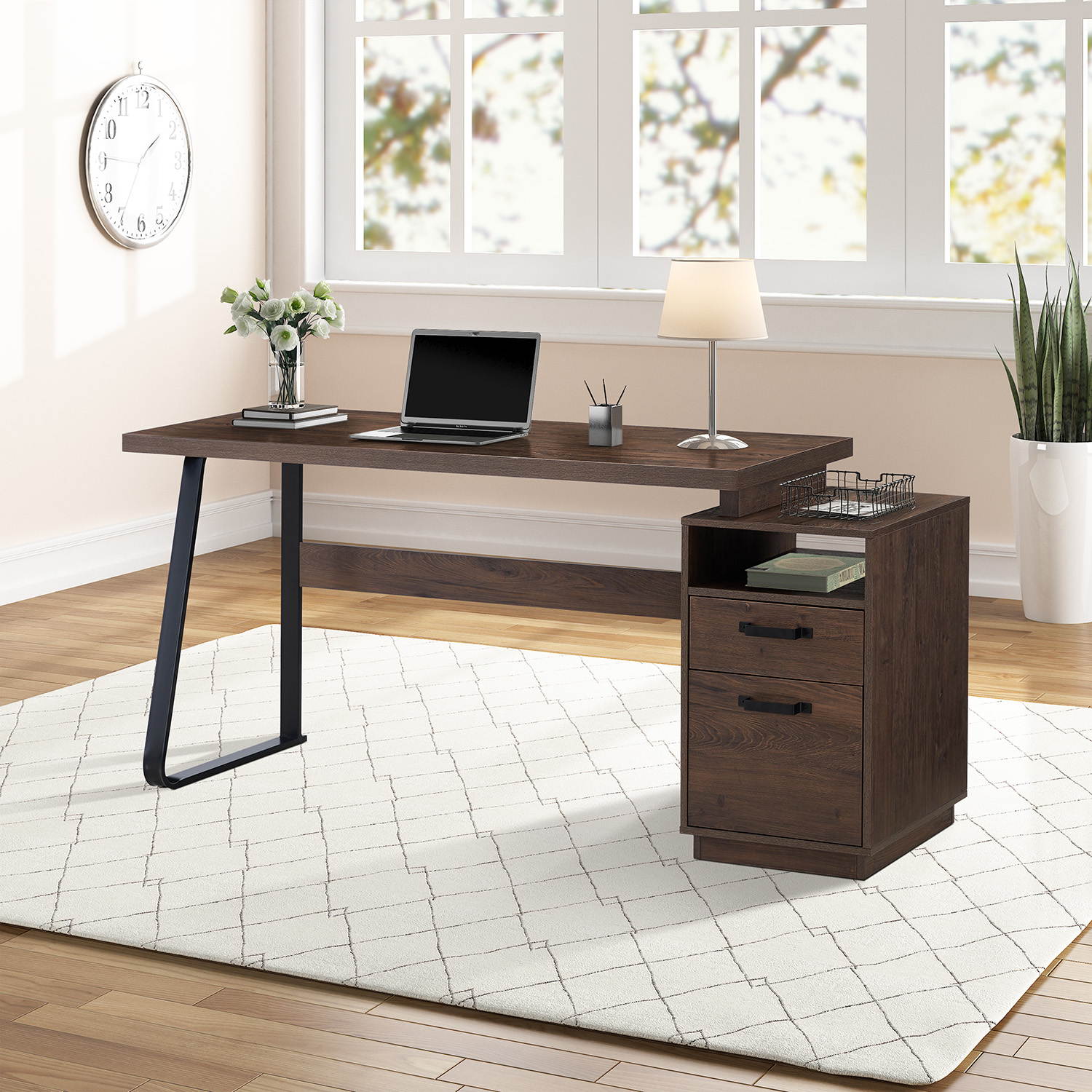 65 inch Home Office Computer Desk Gaming Desk Large Workstation Writing Study Table with Drawers and Hanging Letter-size Files