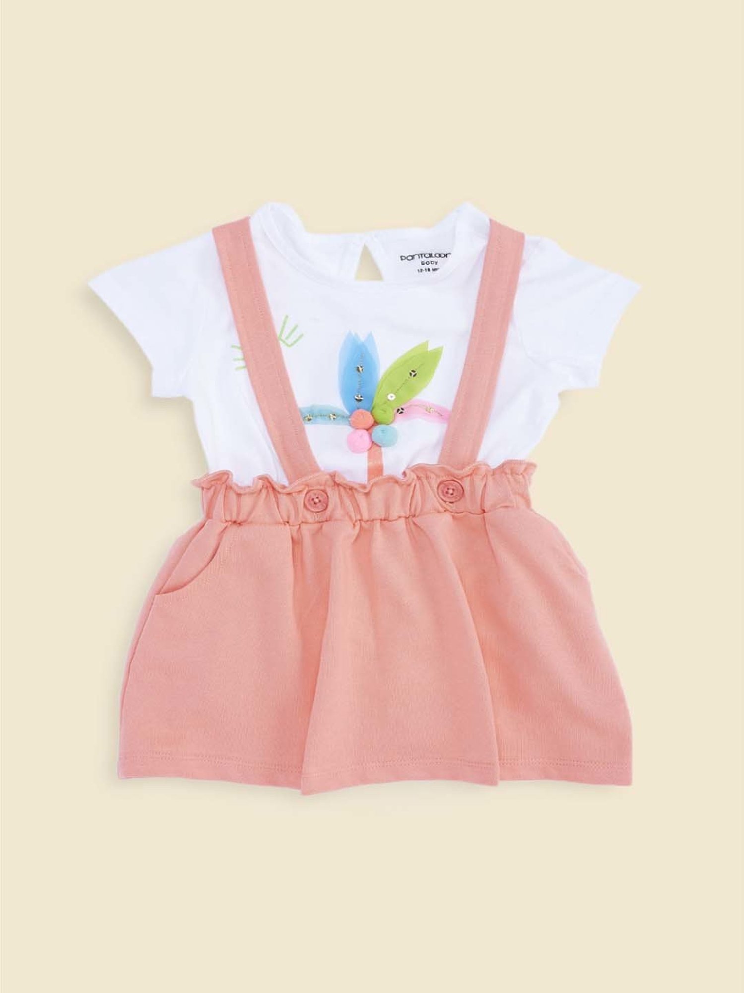 Pantaloons Baby Kids White & Pink Cotton Applique Dungaree Set