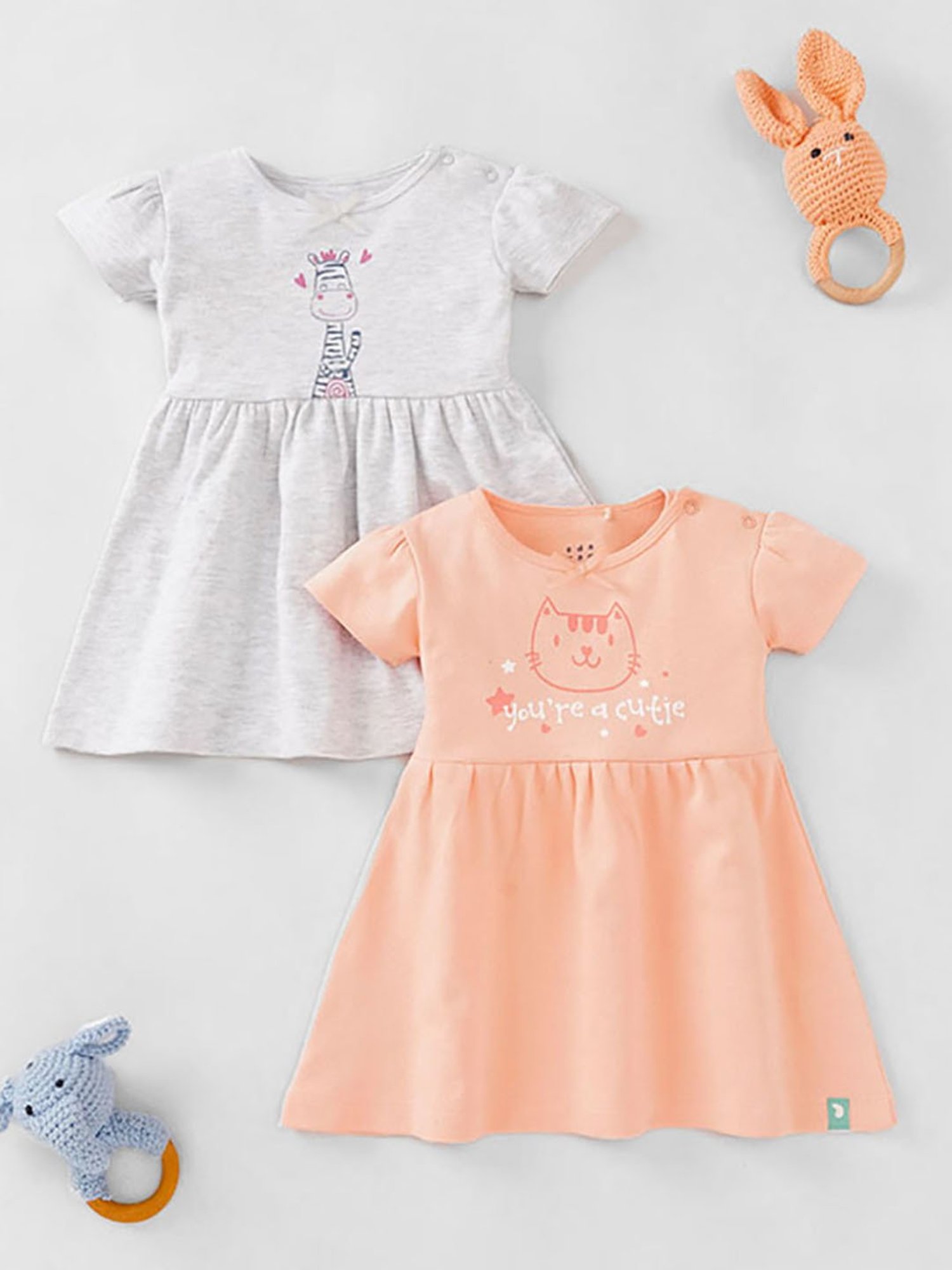 Ed-a-Mamma Baby Peach & Grey Printed Dress (Pack Of 2)