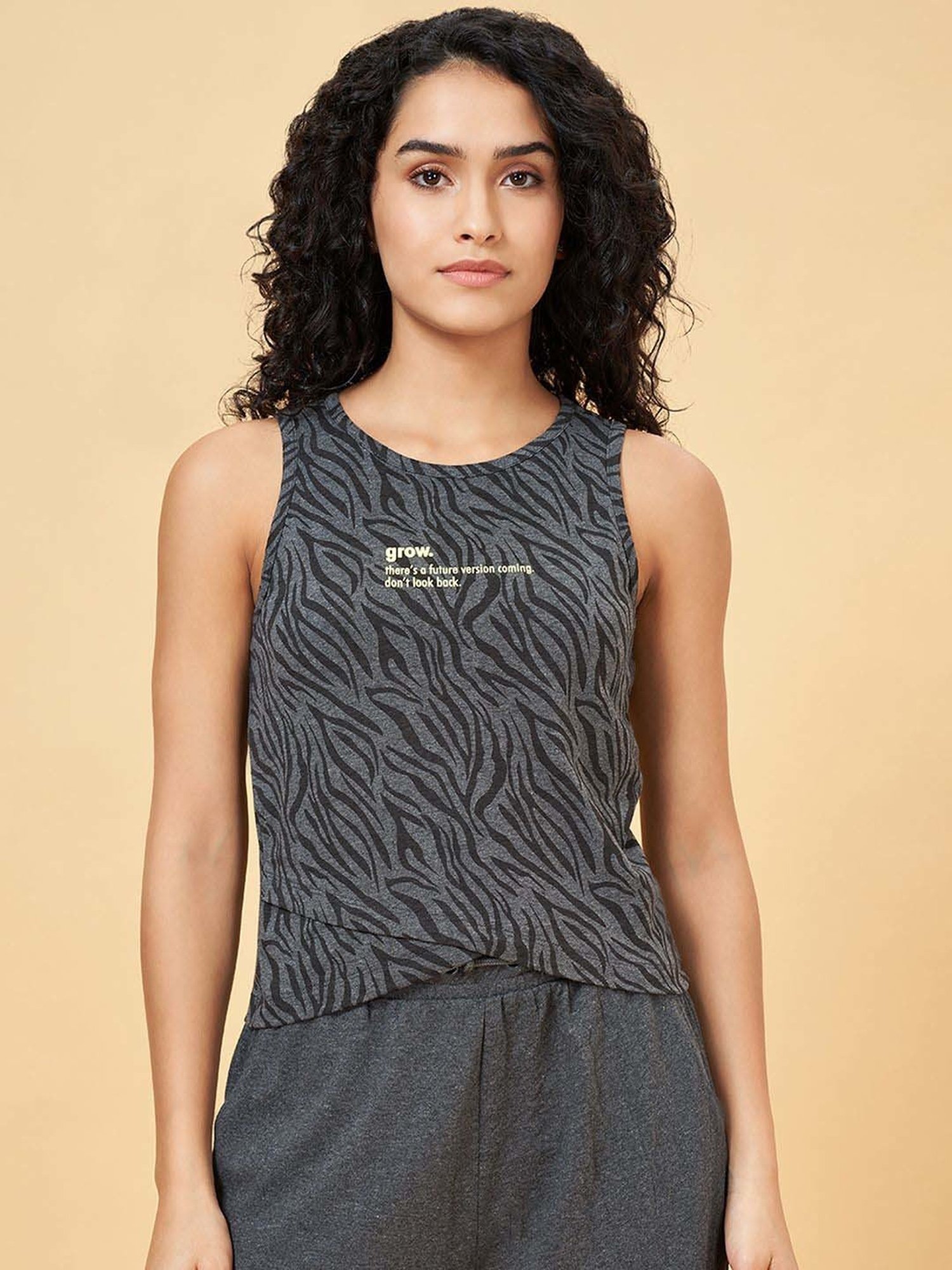 Ajile by Pantaloons Black Cotton Printed Tank Top