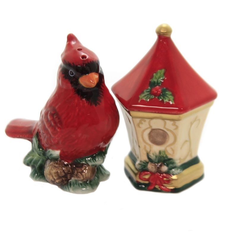 Tabletop 3.0" Cardinal  W/ House Salt/Pepper Christmas Bird Holly Cosmos Gifts Corp.  -  Salt And Pepper Shaker Sets