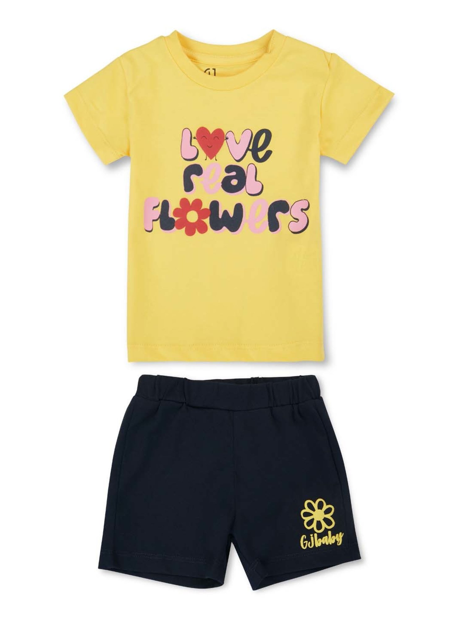 GJ baby Kids Yellow & Navy Cotton Printed T-Shirt Set