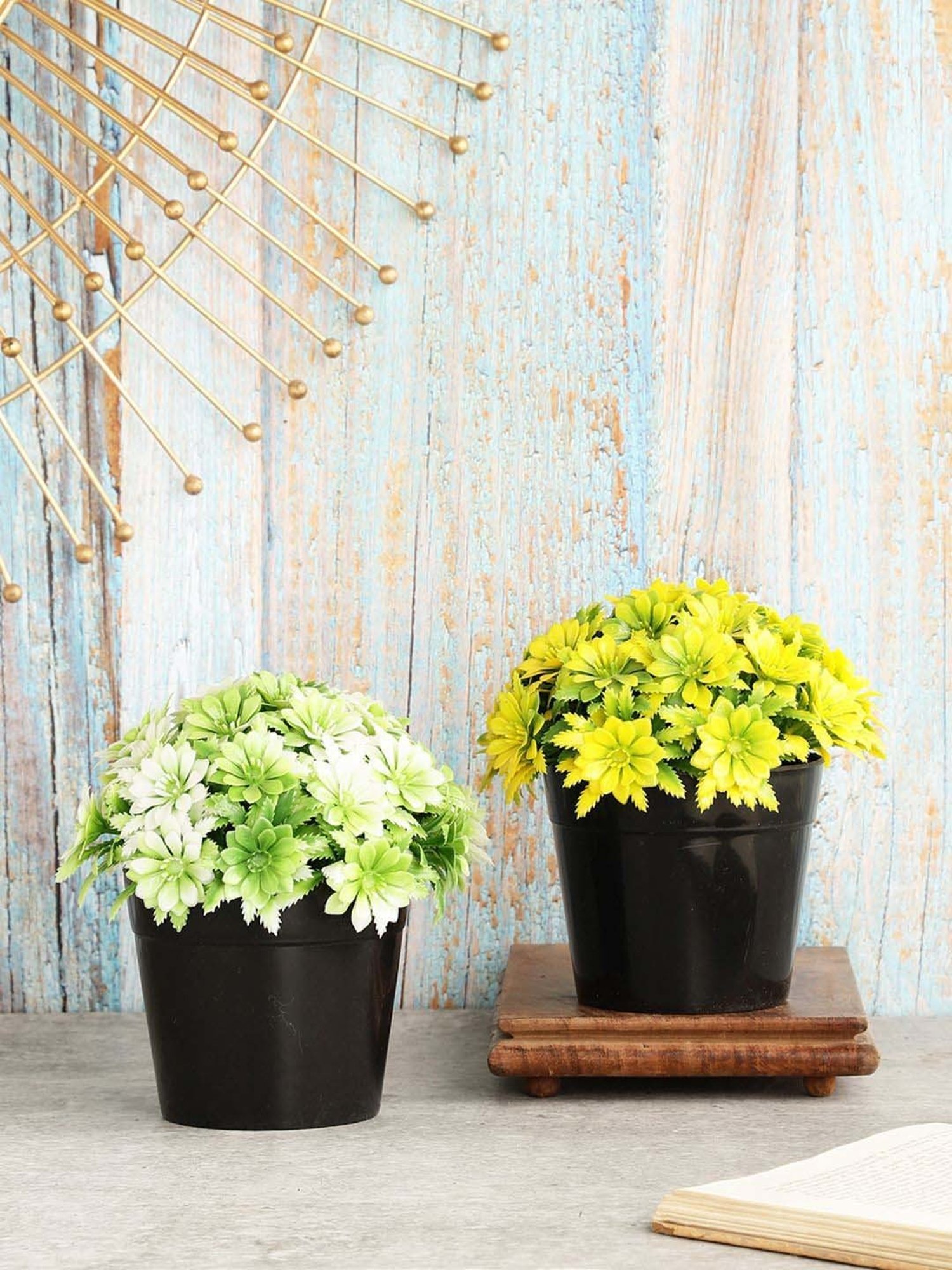 Foliyaj Multicolor Plastic Artificial Plants With Gerba Flowers - Set of 2