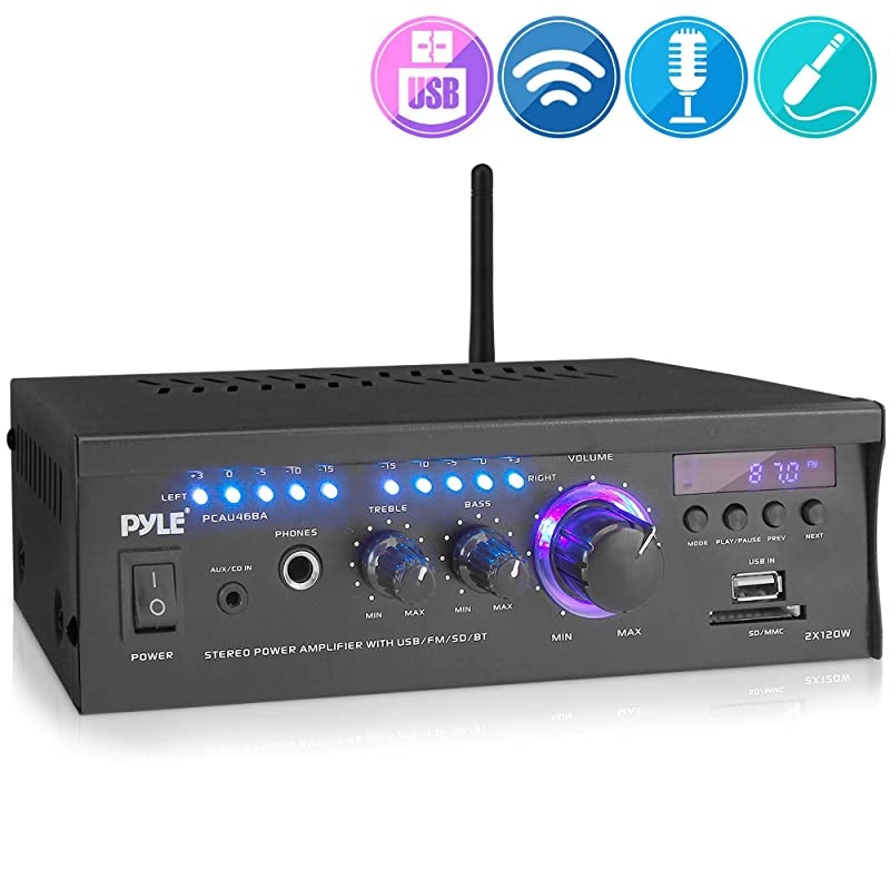 Wireless Bluetooth Home Stereo Amplifier 2x120 Watt Power Amplifier Home Audio Bluetooth Receiver System WBlue Led Display USBSD AUX RCA Headphone Jack Remote  PCAU46BA