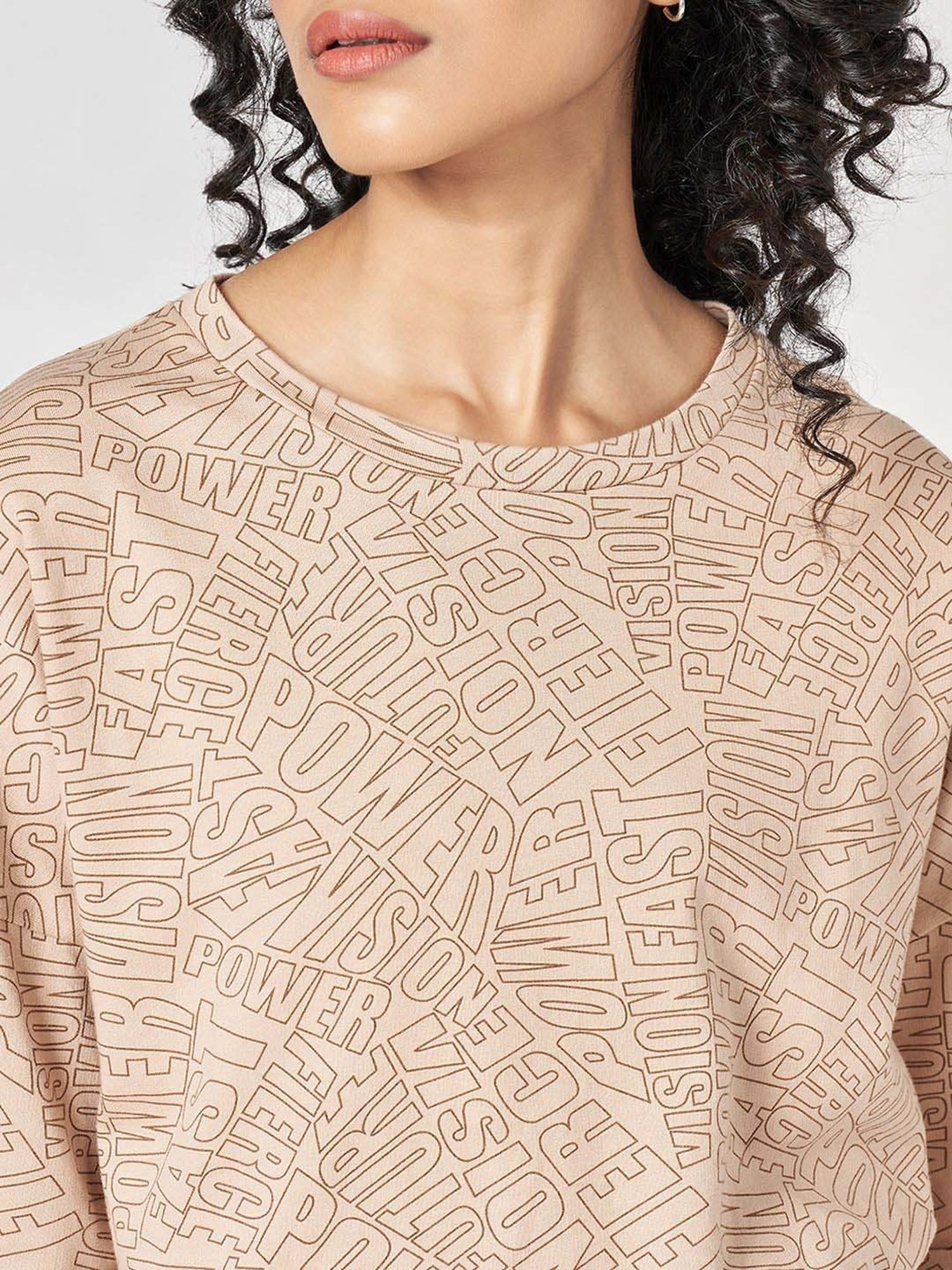 Ajile by Pantaloons Beige Cotton Printed Cropped T-Shirt