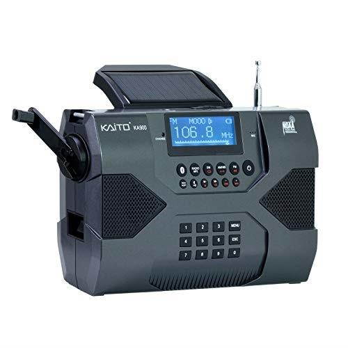 kaito emergency radio voyager max ka900 digital solar dynamo crank wind up am/fm/sw & noaa weather stereo radio receiver bluetooth, realtime alert, mp3 player, recorder & phone charger, black