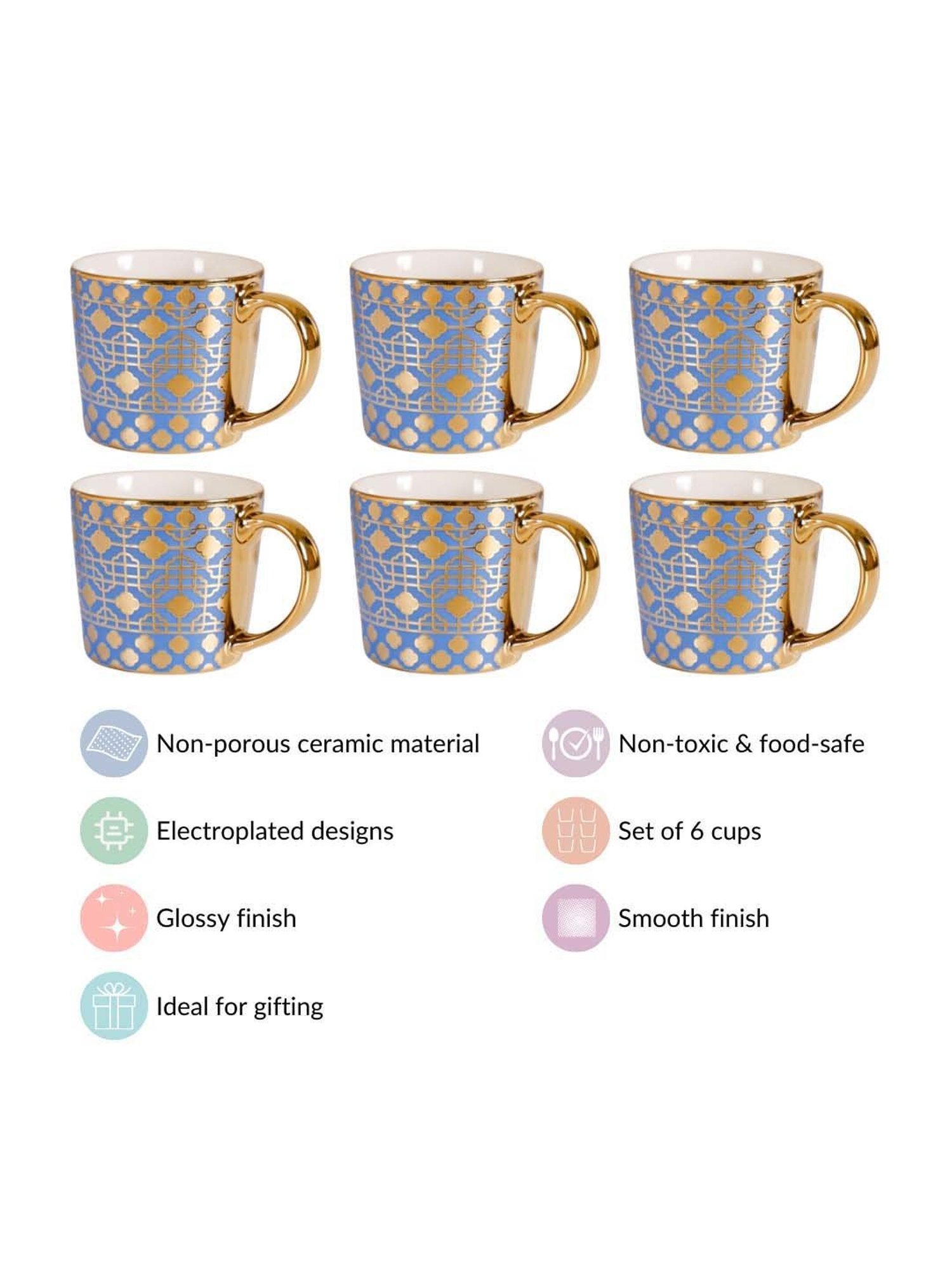 Nestasia Lavish Tea Cup Set Of 6 Microwave-Safe Blue Ceramic Coffee Mugs 280ml