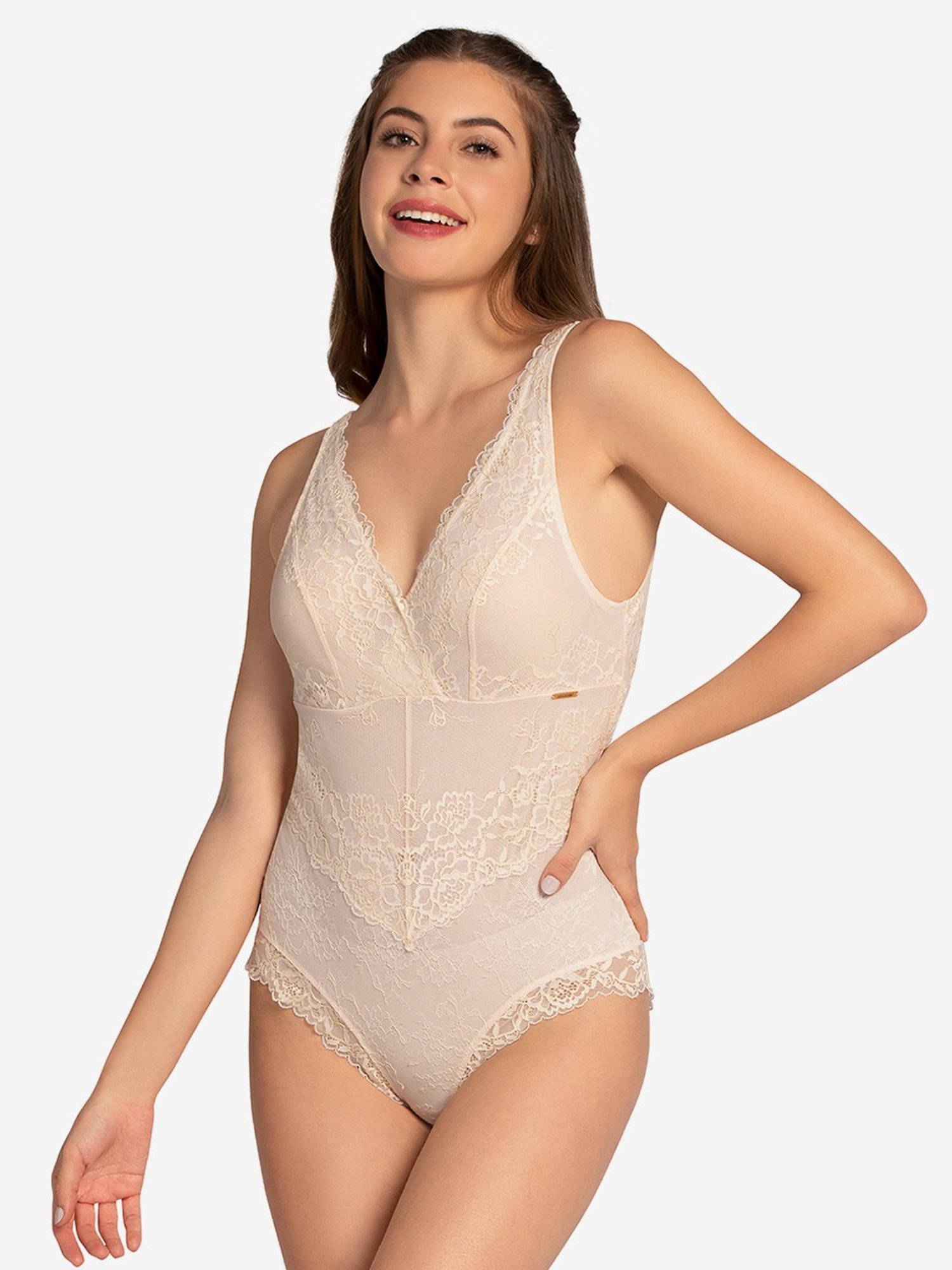 Amante Baby Pink Lace Work Bodysuit