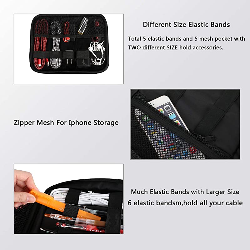 Electronics Travel Organizer Watreproof Electronic Accessories Case Portable Double Layer Cable Storage Bag for Cord Charger Flash Drive Phone Ipad Mini SD Card Black
