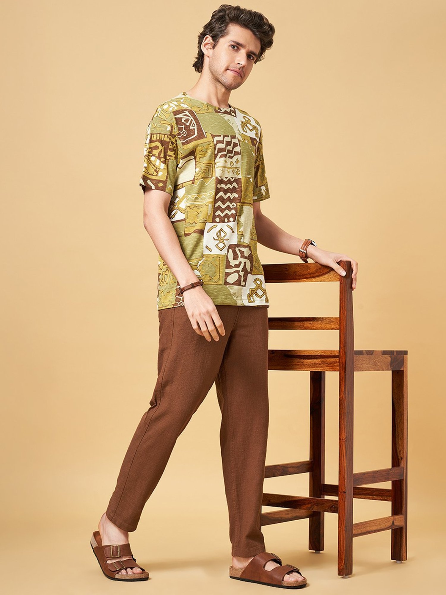 7 Alt by Pantaloons Light Green Cotton Relaxed Fit Printed T-Shirt