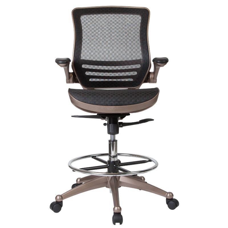 Mid Back Transparent Mesh Drafting Chair with Gold Frame and Flip Up Arms Black - Riverstone Furniture