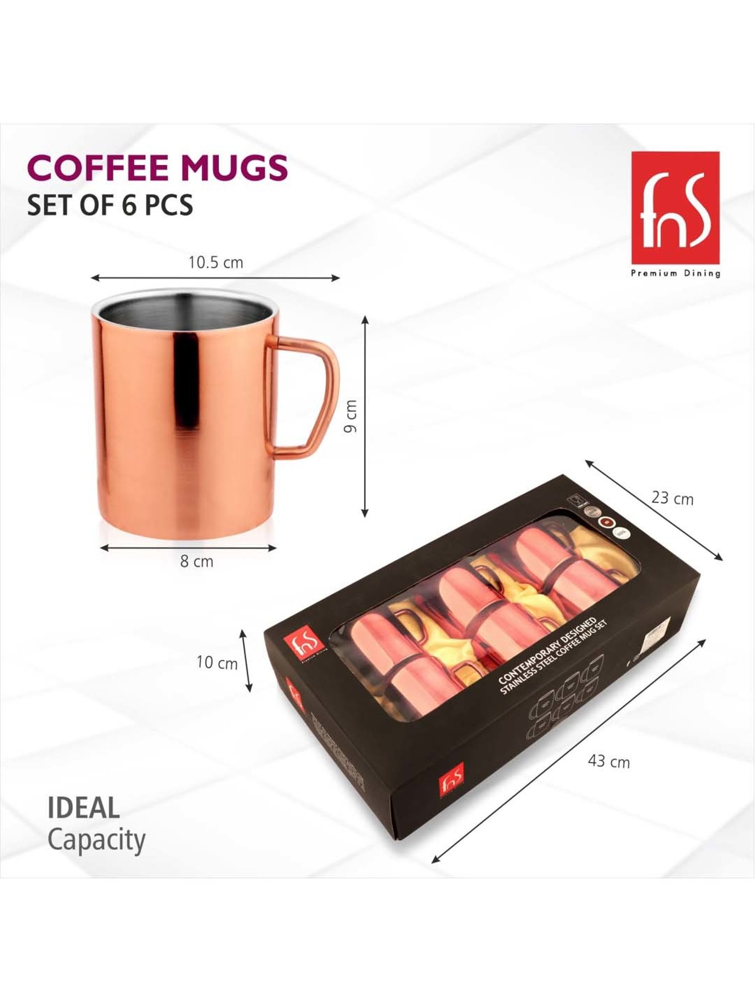 FnS Rose Gold Stainless Steel Coffee Mug (0.3 L) - Set of 6