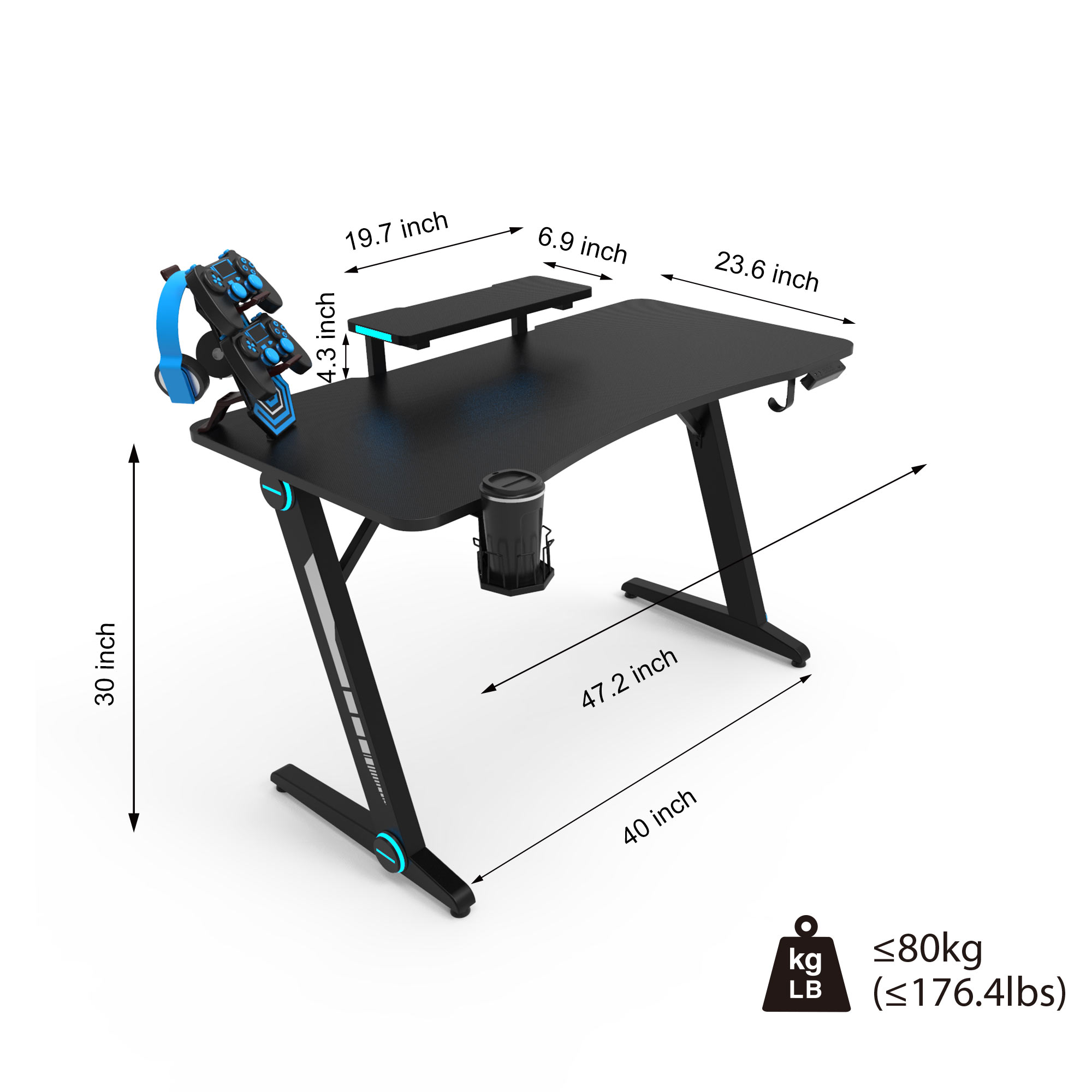47.2 Inch Z-Shaped Gaming Desk with Ergonomic PU Leather Gaming  Chair Home Office Desk and Chair Set Gamer Workstation with Monitor Stand Carbon Fiber Surface Gamer Table with RGB Lights and Cup Hold