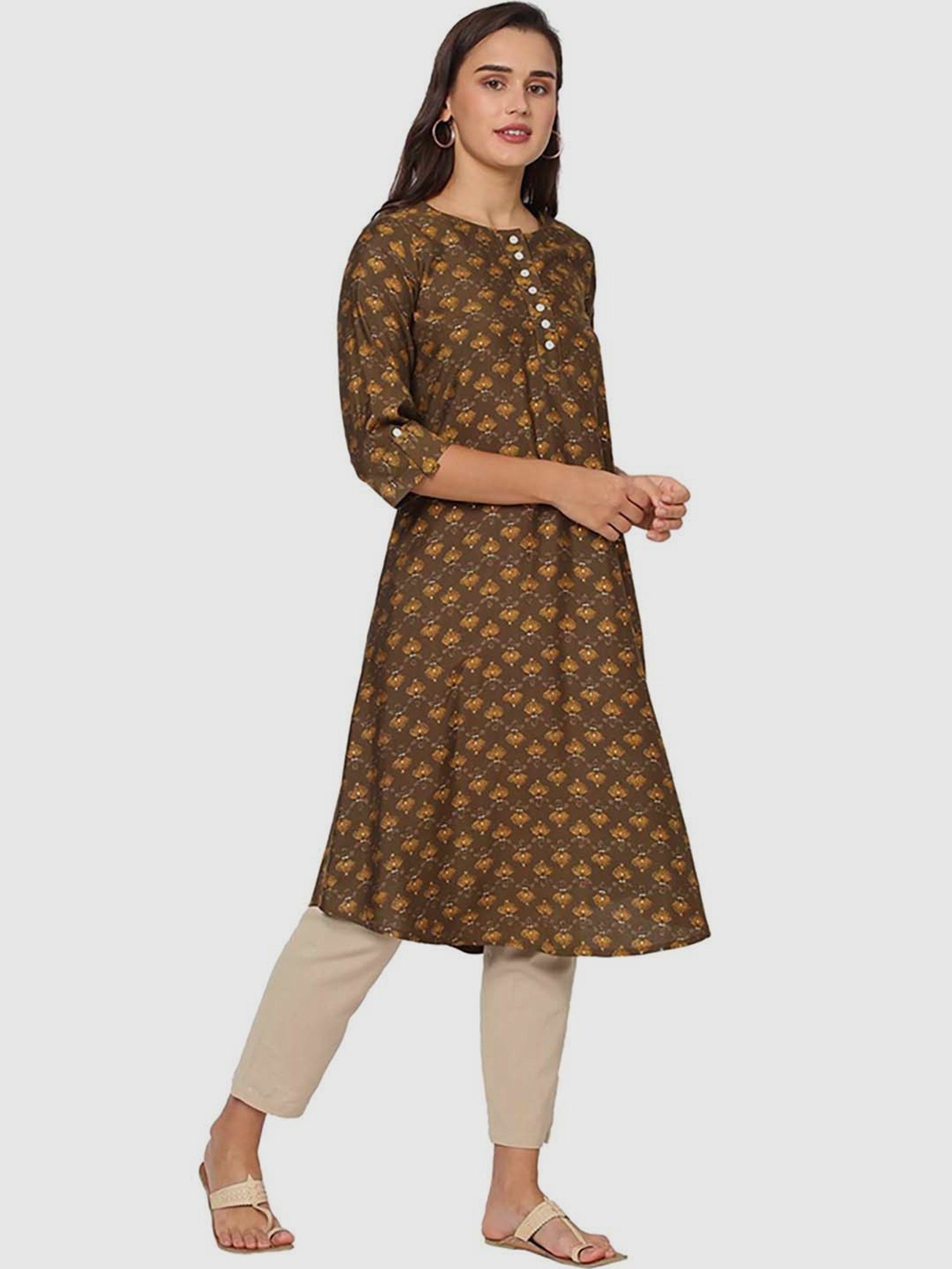 Fusion Beats Brown Printed A Line Kurta