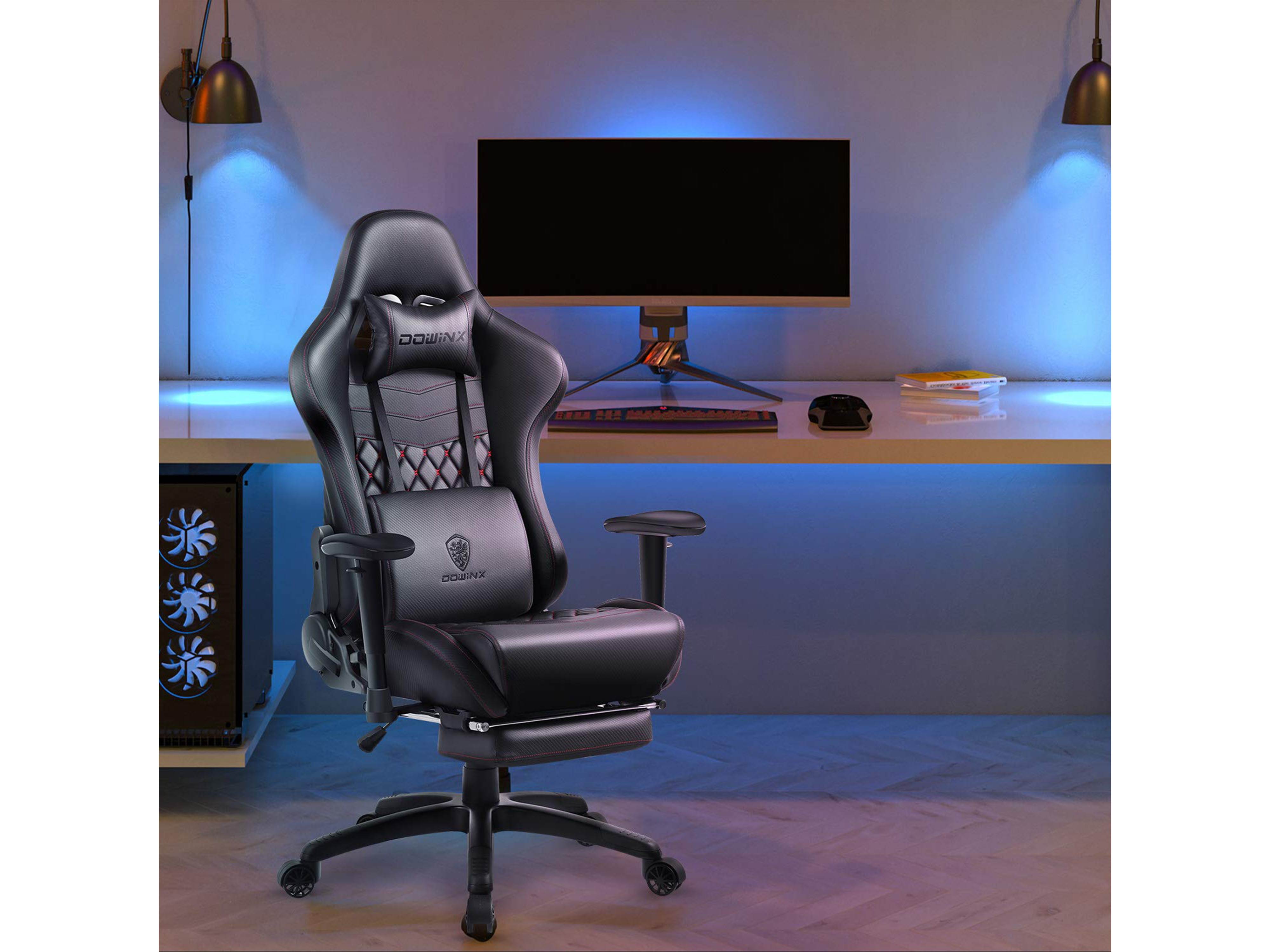 Dowinx Gaming Chair Ergonomic Retro Style Recliner with Massage Lumbar Support Office Armchair for Computer PU Leather with Retractable Footrest Grey