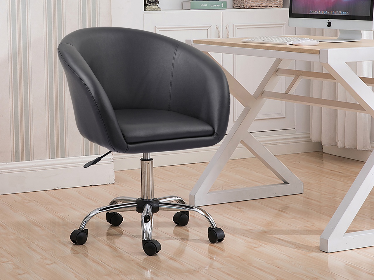 Swivel Height Adjustable Task Chair PU Leather Salon Stool with Wheels