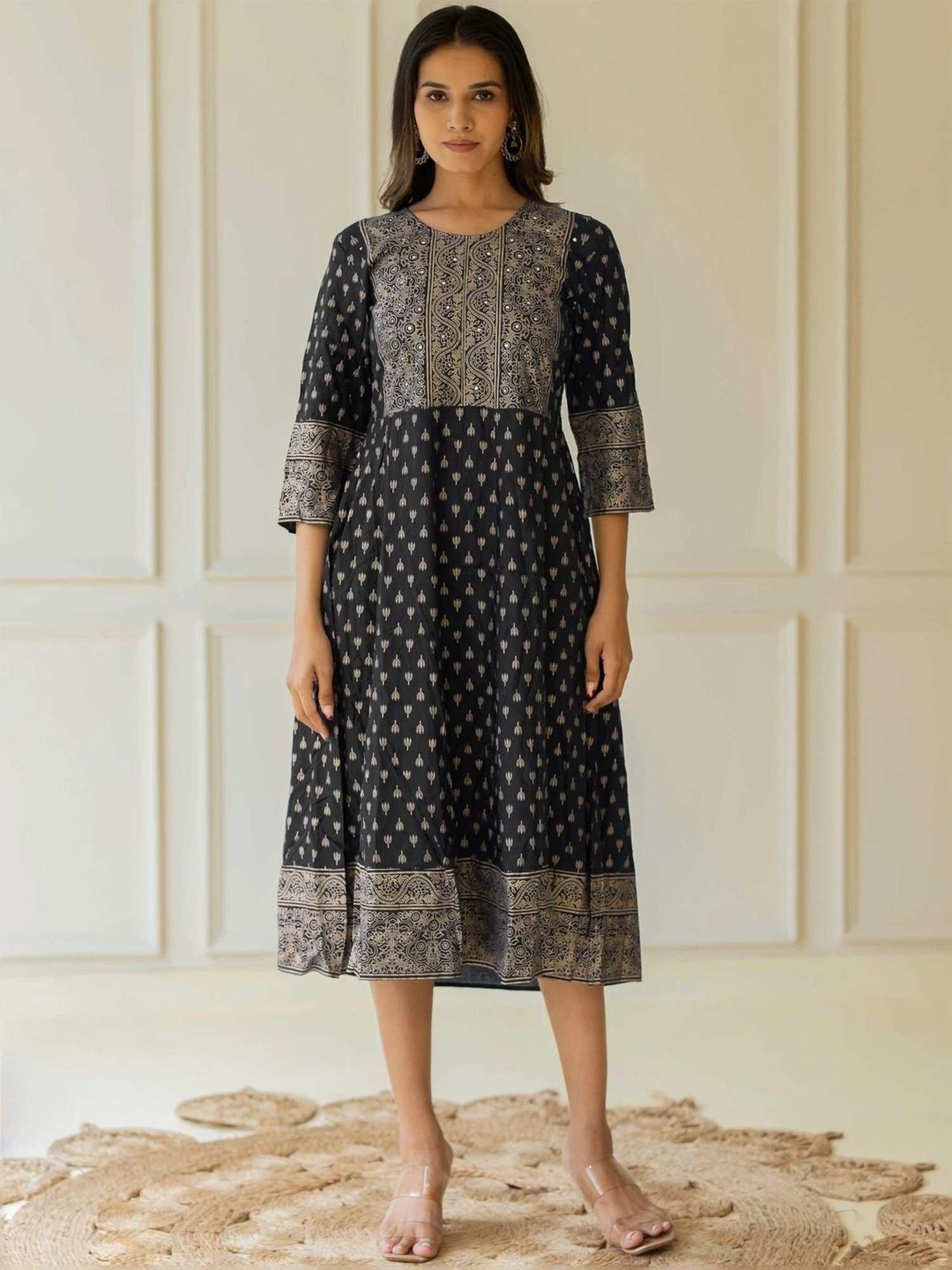 MIRCHI FASHION Black Cotton Printed A-Line Dress