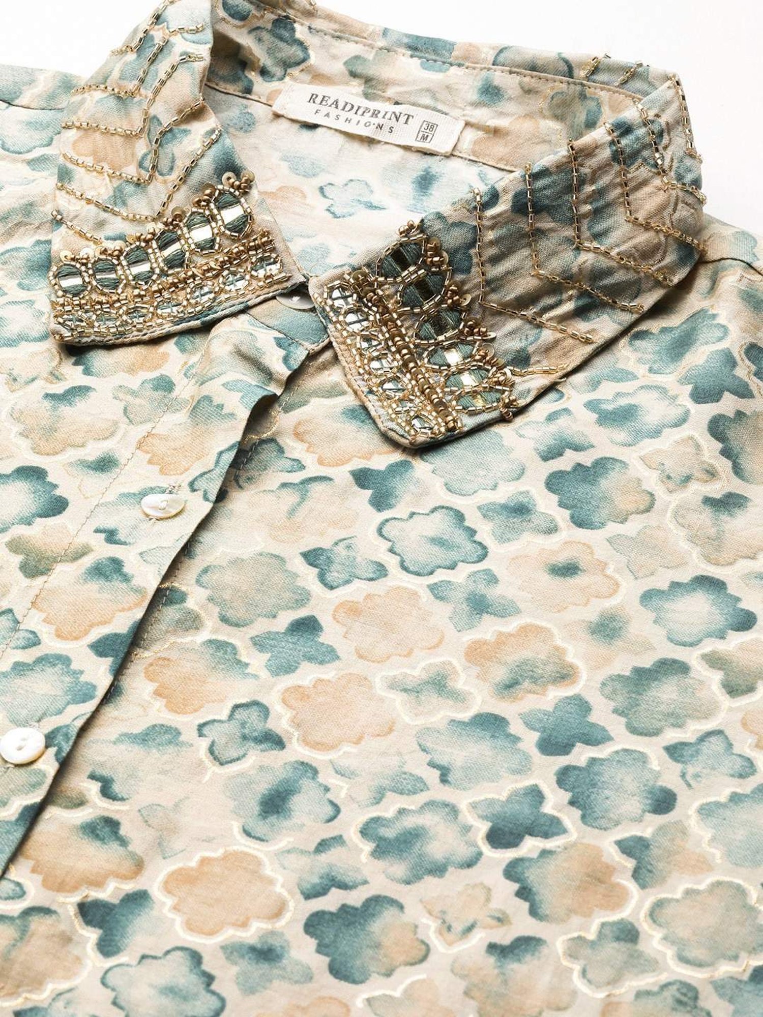 READIPRINT FASHIONS Beige & Blue Printed Shirt Salwaar Set