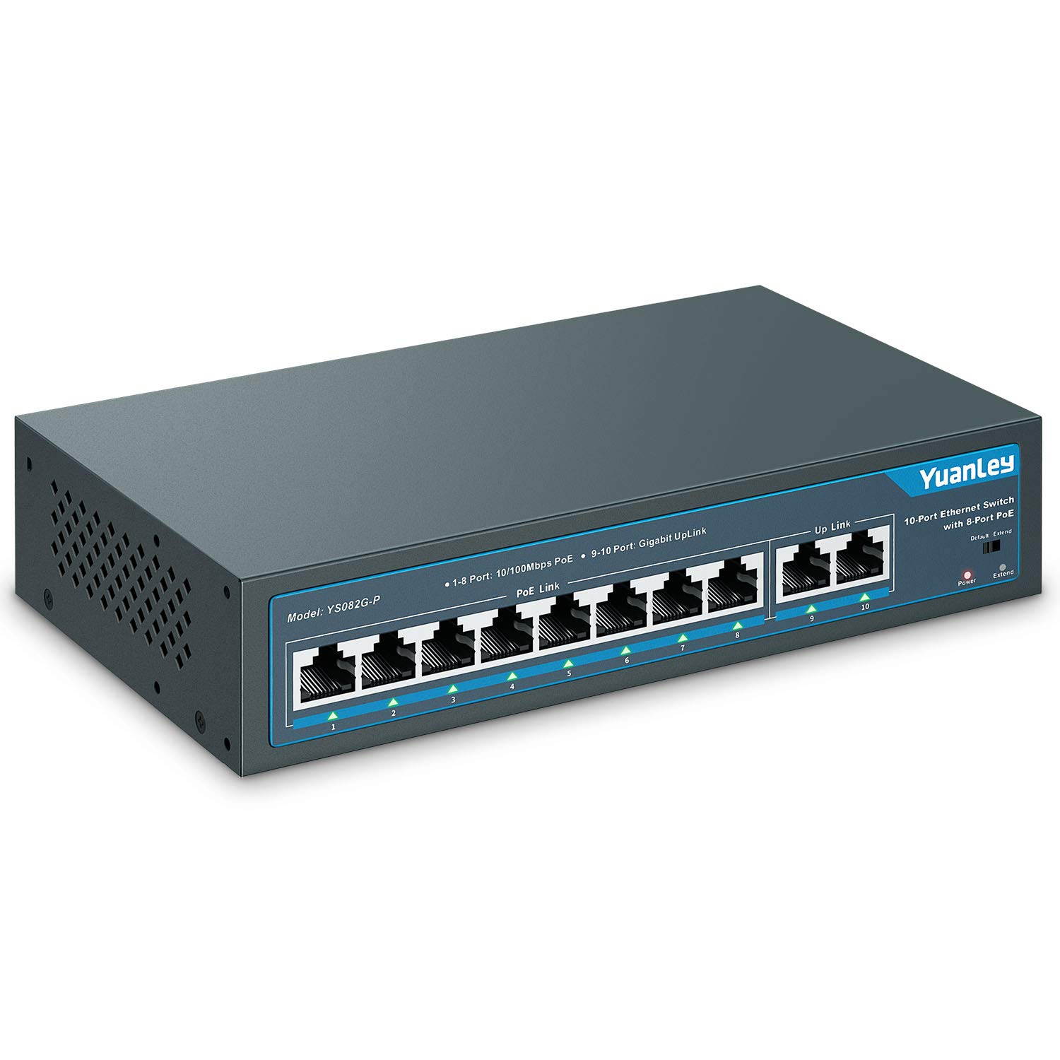 YuanLey 10 Port PoE Switch, 8 PoE+ Port 100Mbps, 2 Gigabit Uplink, 120W 802.3af/at, Extend Function, Metal, Fanless, Plug and Play