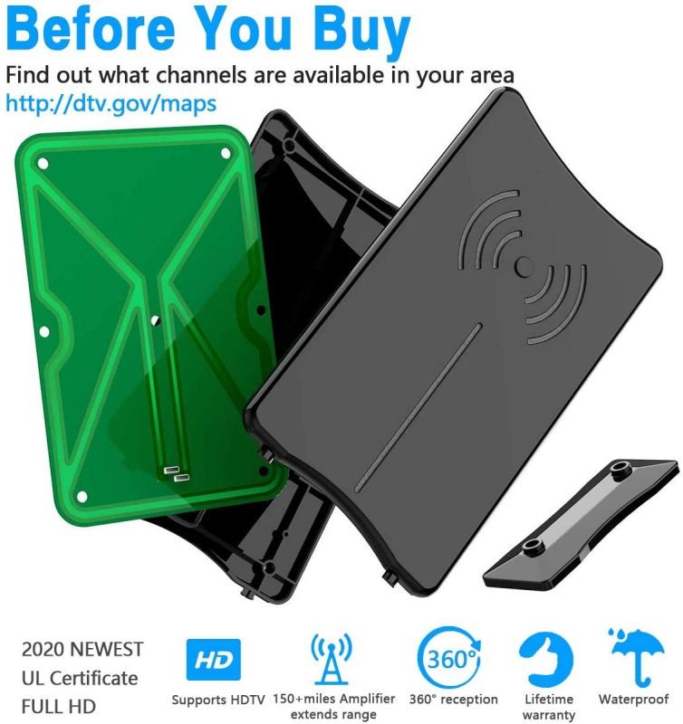 Digital HD TV Antenna, KKUYI Amplified Indoor HDTV Antenna 120 Miles Long Range Reception with Amplified Signal Booster, Support 4K HD UHF VHF Local Channels